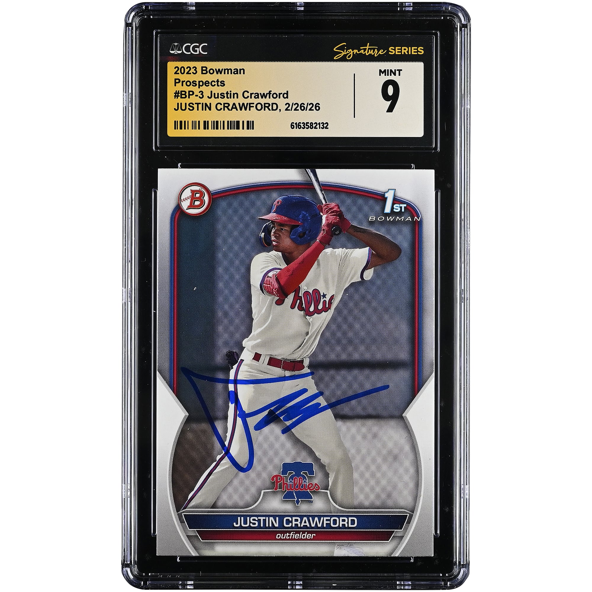 Carta autografata di Justin Crawford dei Philadelphia Phillies, 2023 Bowman Prospects #BP-3, autenticata da CGC, in condizioni perfette (Mint 9).