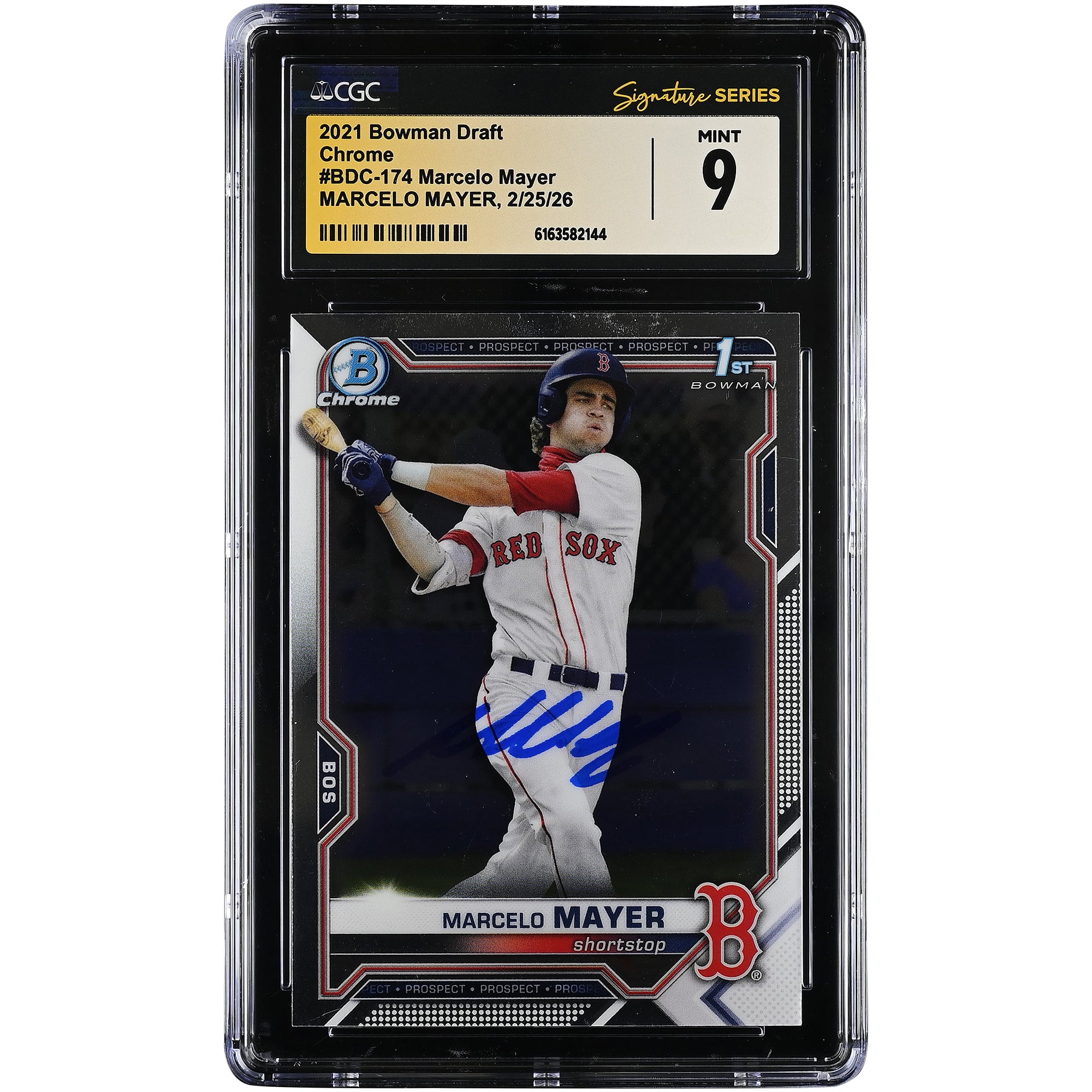 Carta autografata di Marcelo Mayer dei Boston Red Sox, edizione 2021 Bowman Draft Chrome #BDC-174, autenticata da CGC, in condizioni perfette (Mint 9).