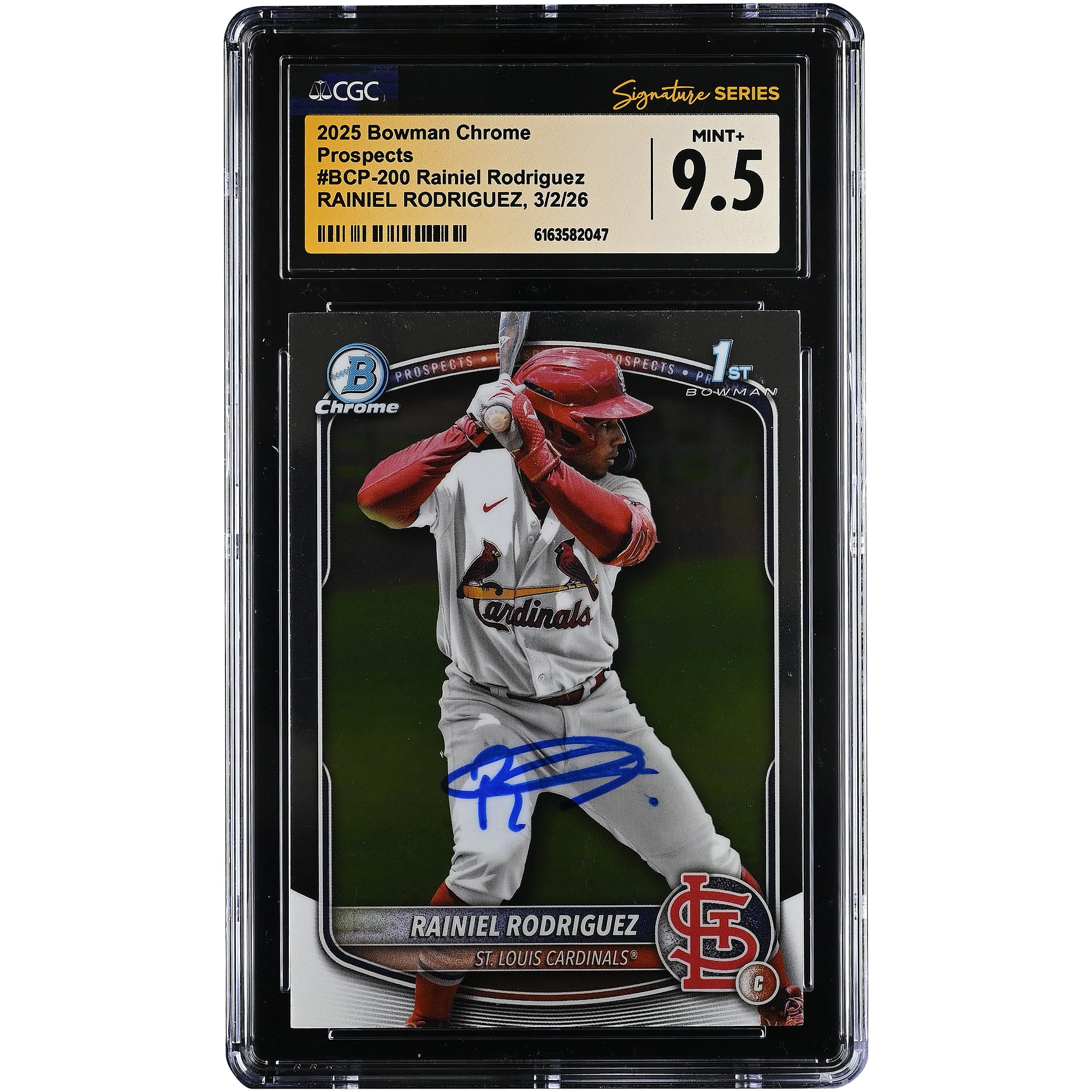 Carta autografata di Rainiel Rodriguez dei St. Louis Cardinals, edizione 2025 Bowman Chrome Prospects #BCP-200, autenticata da CGC, in condizioni perfette (MINT+ 9.5).