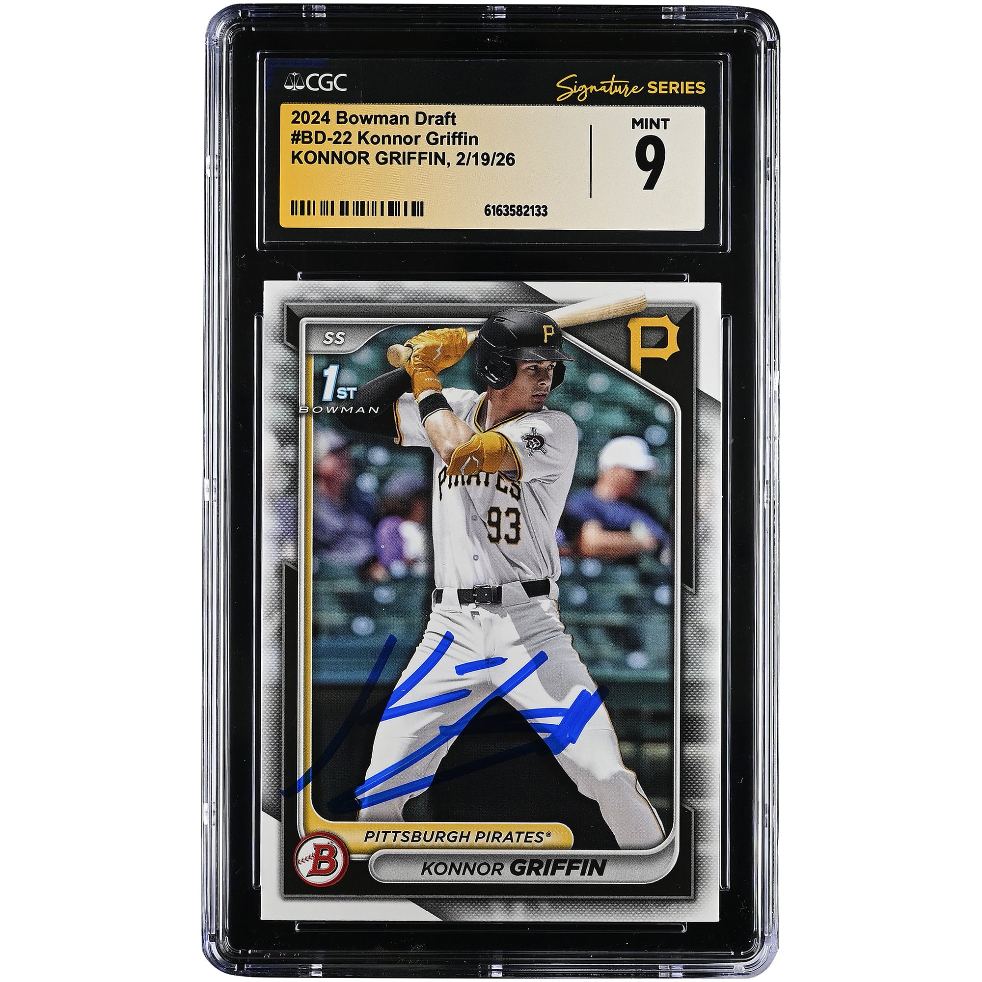 Carta autografata di Konnor Griffin dei Pittsburgh Pirates, edizione 2024 Bowman Draft #BD-22, autenticata da CGC, in condizioni perfette (Mint 9).