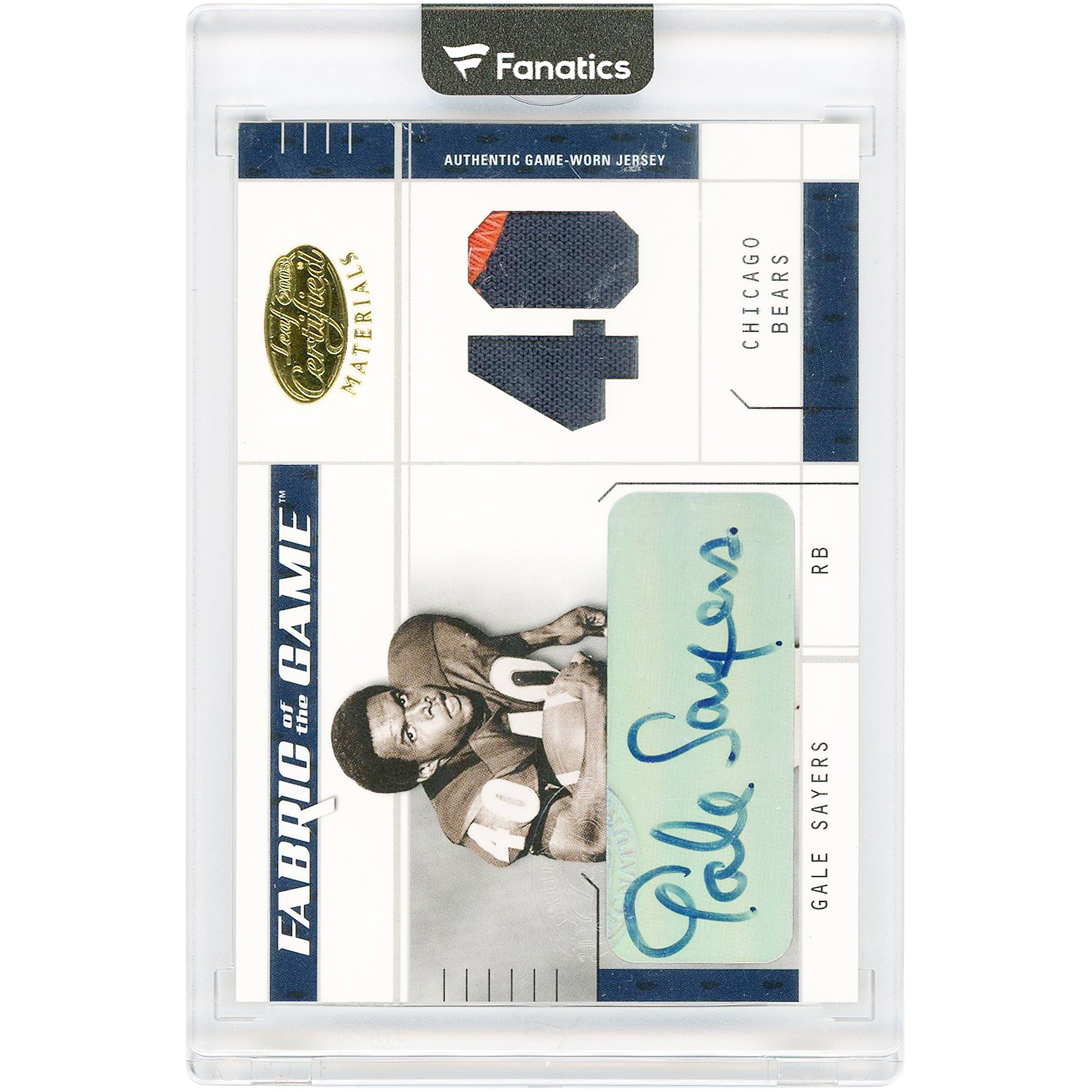Tarjeta autografiada de Gale Sayers de los Chicago Bears de 2003, con certificación Leaf, materiales, doble color, usada en juego, reliquia #FG-21 #20/40