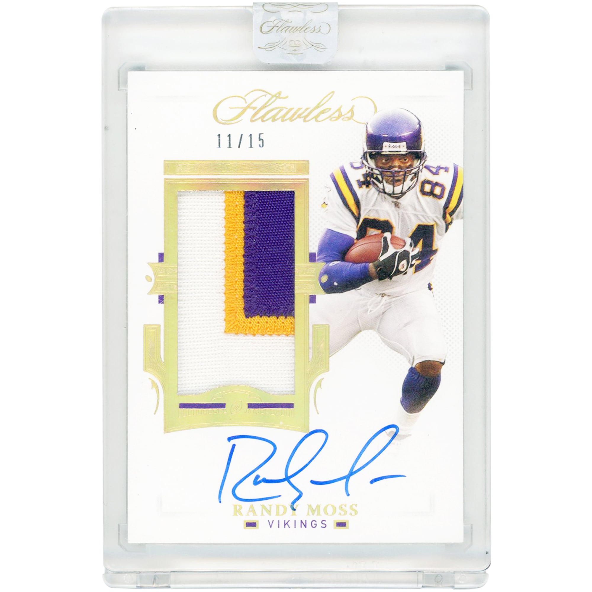 Carta autografata da Randy Moss dei Minnesota Vikings, edizione 2021 Panini Flawless Holo Gold Player Used Jersey Tri-Color Relic #PA-RMO # 11