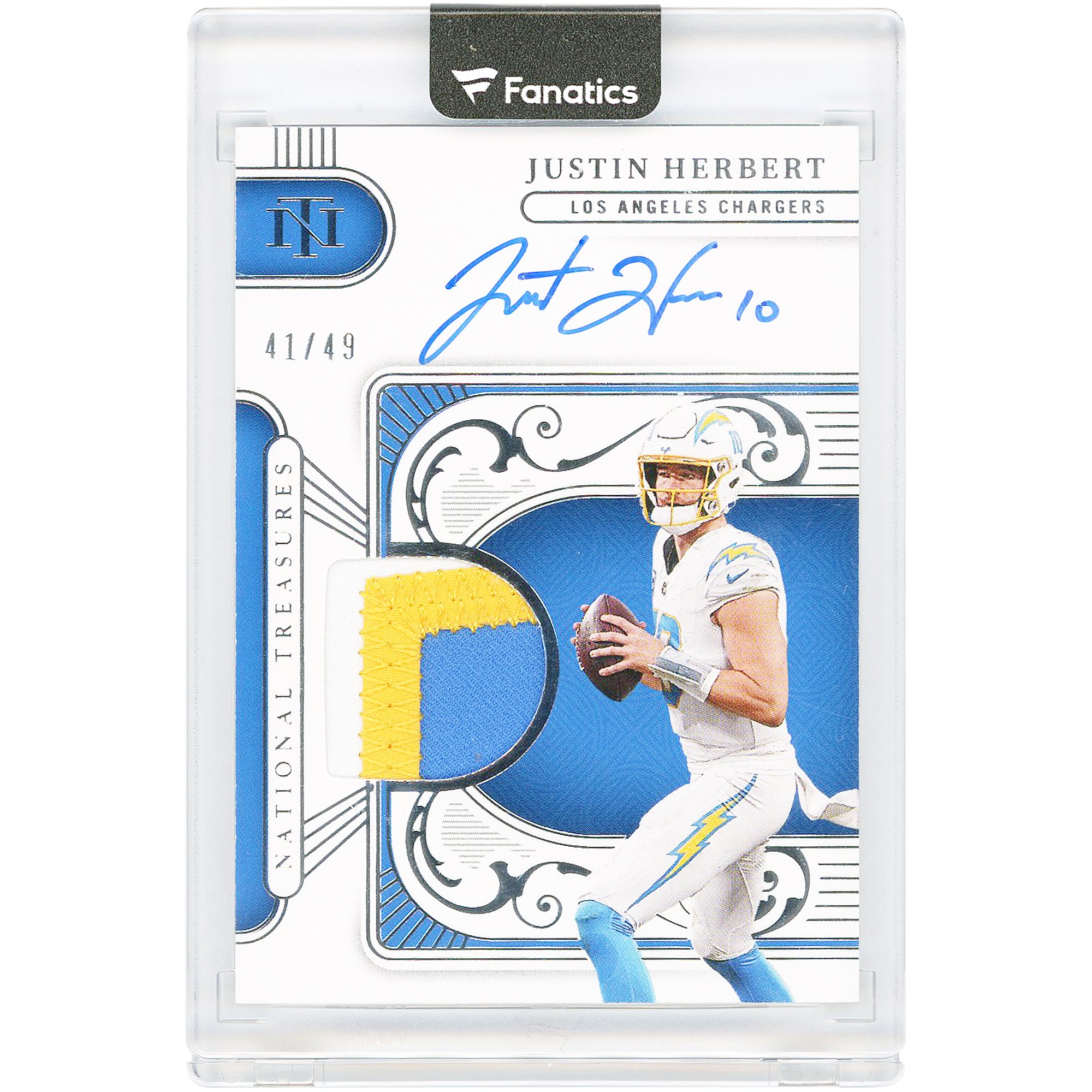 Carta autografata di Justin Herbert dei Los Angeles Chargers, collezione Panini National Treasures Tri-Color Relic 2025 #MTS-JHT #41/49