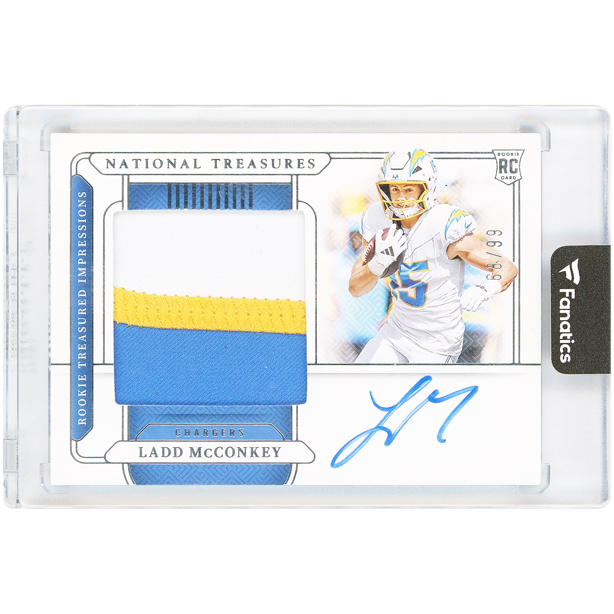 Carta da collezione autografata di Ladd McConkey dei Los Angeles Chargers, edizione 2024 Panini National Treasures Tri-Color Relic #RTI-LMY #68/99, per esordienti.