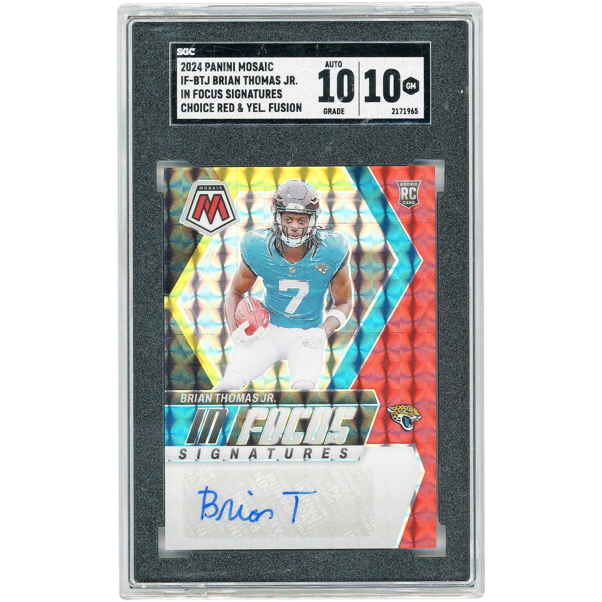 Carta da collezione rookie autografata di Brian Thomas Jr. dei Jacksonville Jaguars, edizione 2024 Panini Mosaic Red & Yellow Choice Prizm #IF-BTJ, autenticata da SGC con valutazione 10/10.