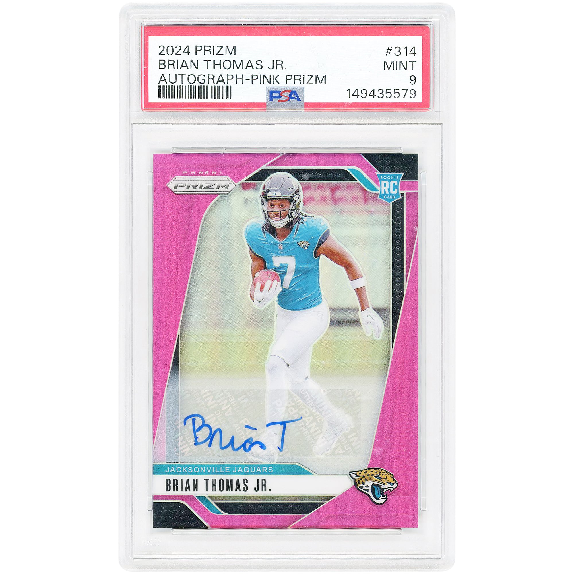 Carta da collezione autografata di Brian Thomas Jr. dei Jacksonville Jaguars, Panini Prizm Pink Prizm #314, autenticata da PSA, numero 9, del 2024.