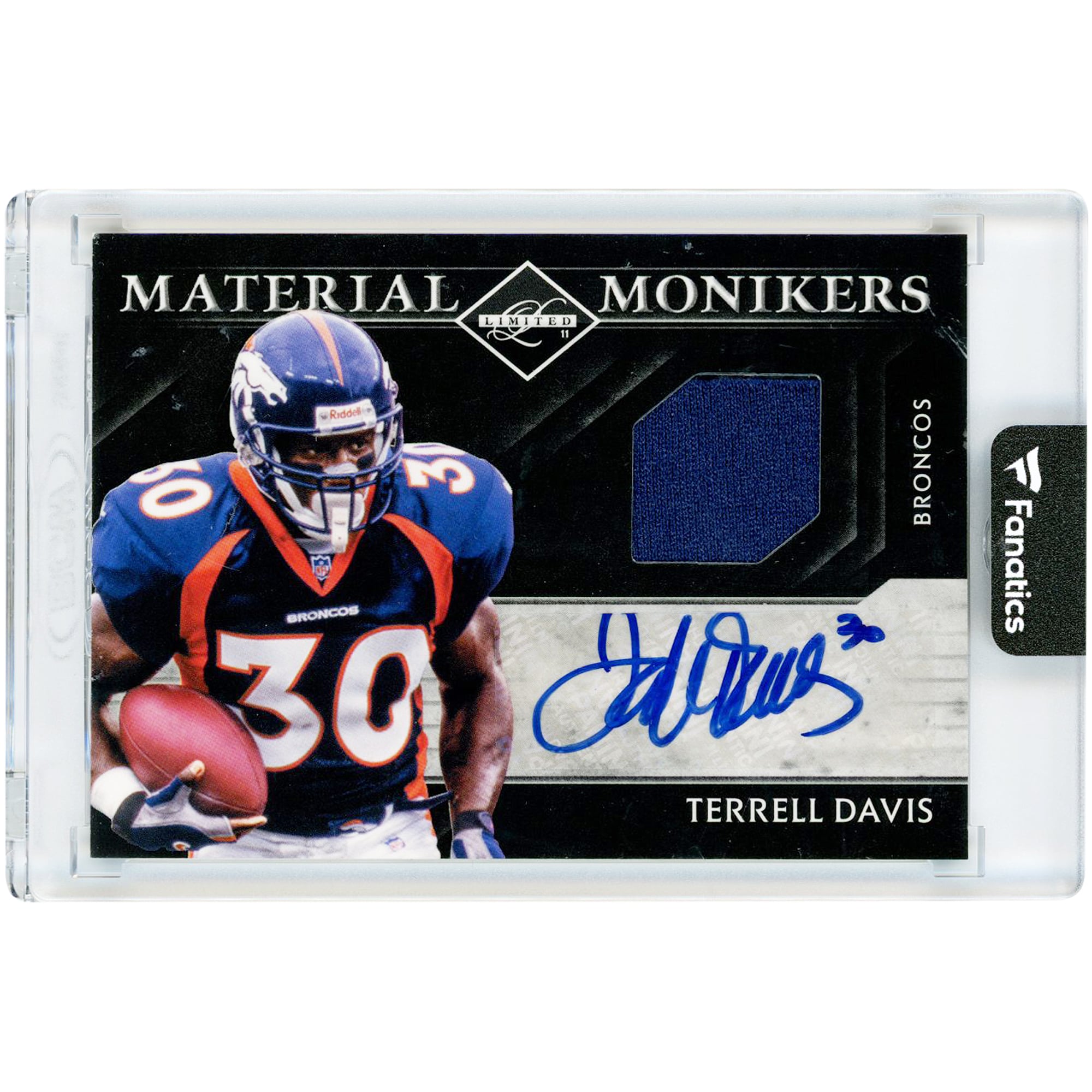 Carta autografata da Terrell Davis dei Denver Broncos, edizione limitata Panini Leaf 2011, con logo Monikers, maglia usata in partita e cimelio #9 #17/35