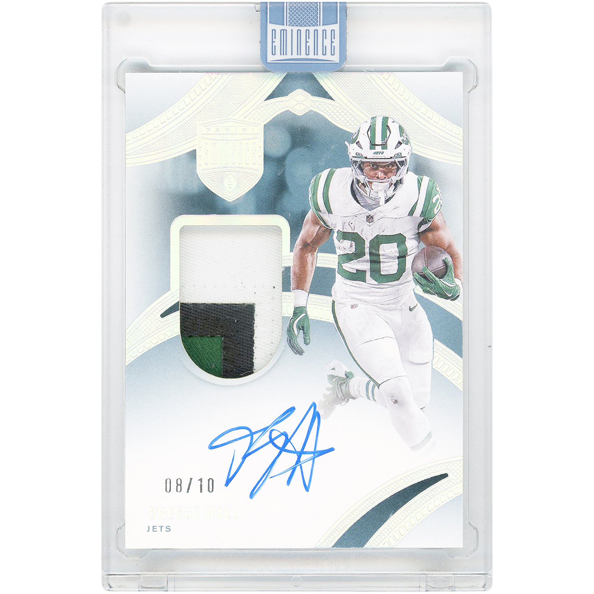 Carta autografata di Breece Hall dei New York Jets, 2024 Panini Eminence Tri-Color Game Used Relic #PA-BHL #8/10