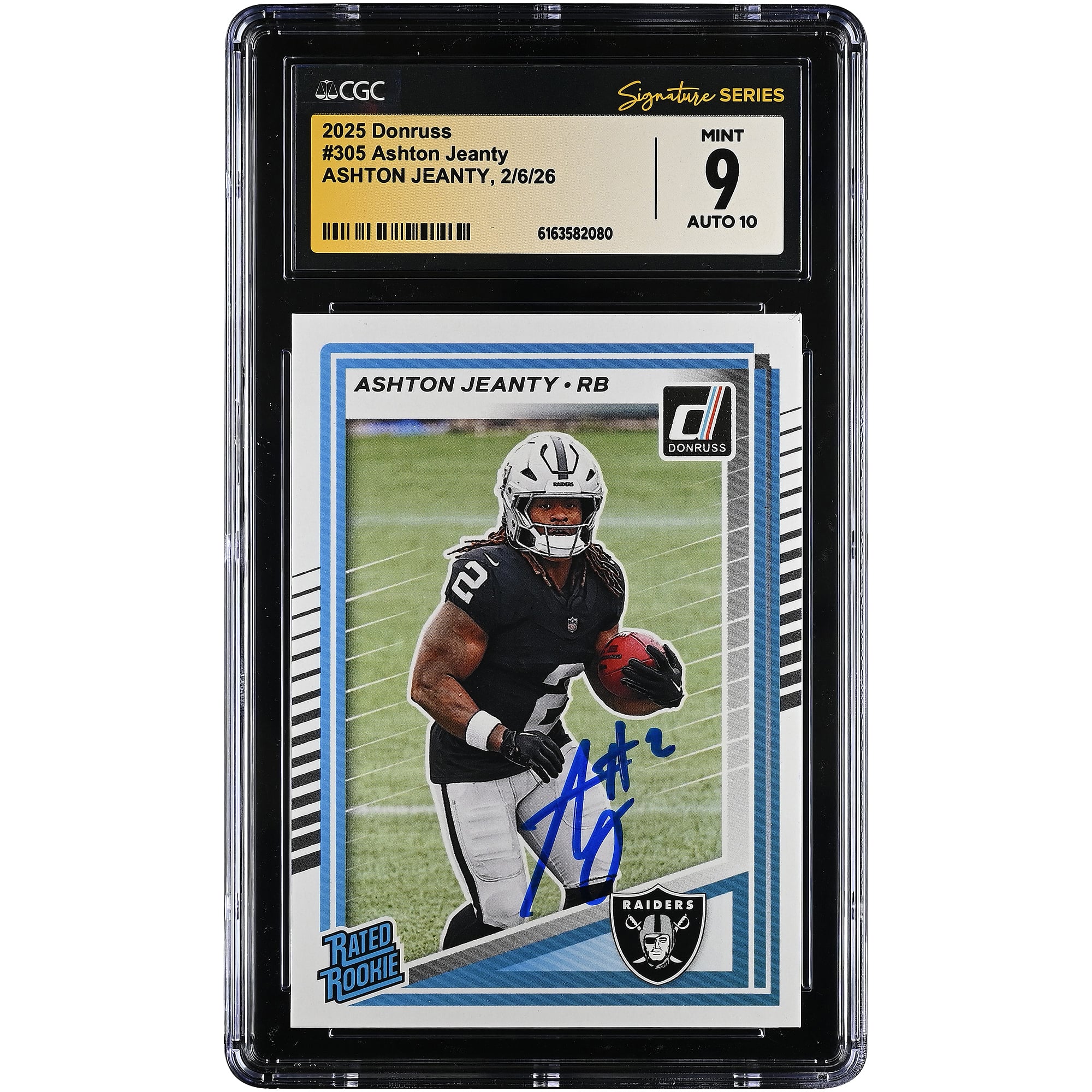 Carta da collezione autografata di Ashton Jeanty dei Las Vegas Raiders, edizione 2025, Panini Donruss Rated Rookie #305, autenticata da CGC, con valutazione 9/10.
