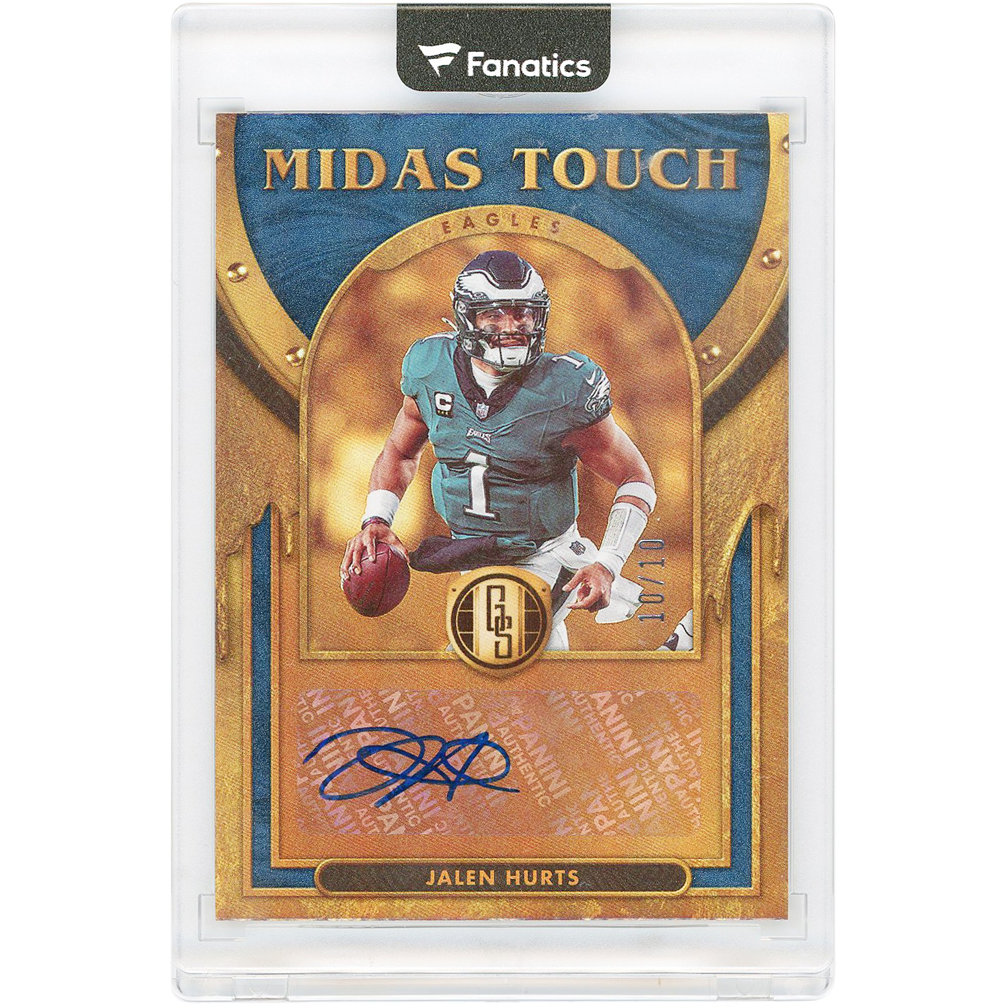 Tarjeta autografiada de Jalen Hurts de los Philadelphia Eagles, edición 2024, Panini Gold Standard Midas Touch #MT-JHS #10/10