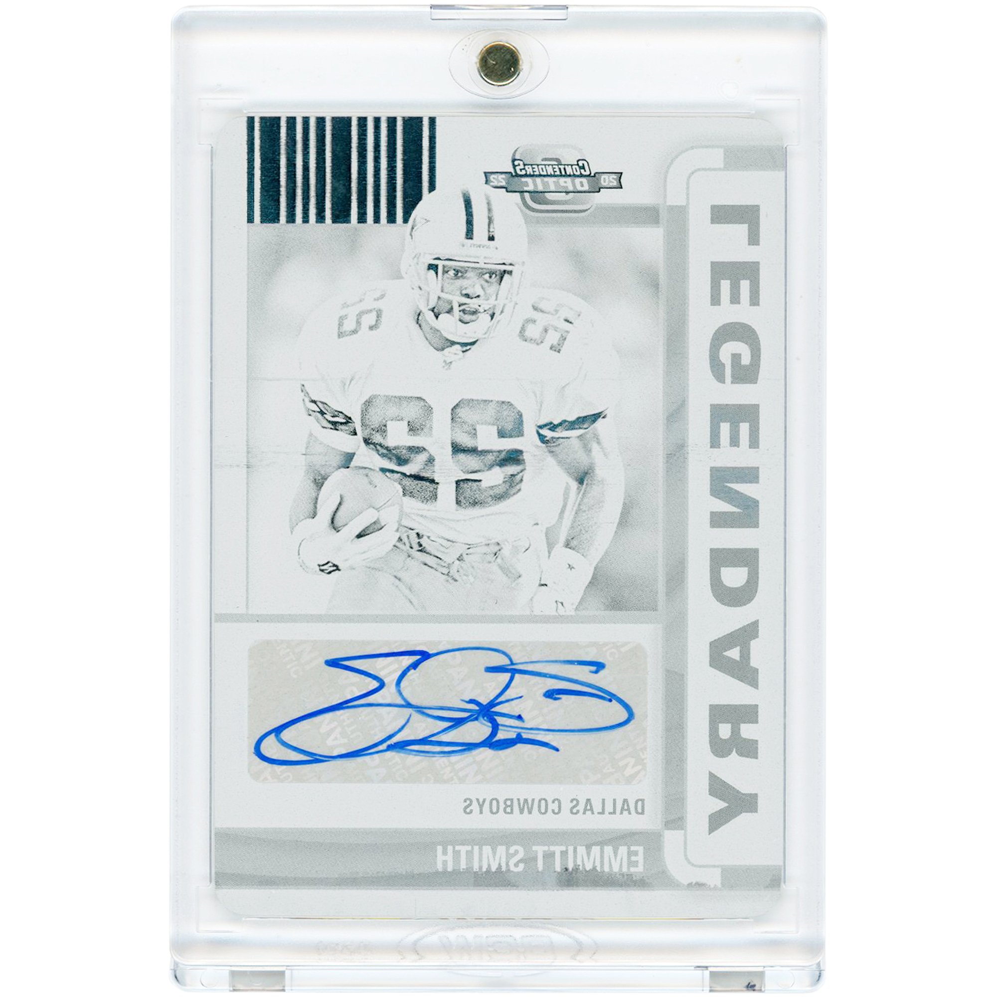 Tarjeta autografiada de Emmitt Smith de los Dallas Cowboys, edición 2022, Panini Contenders Optic Legendary Black Printing Plate #LCA-ES #1/1