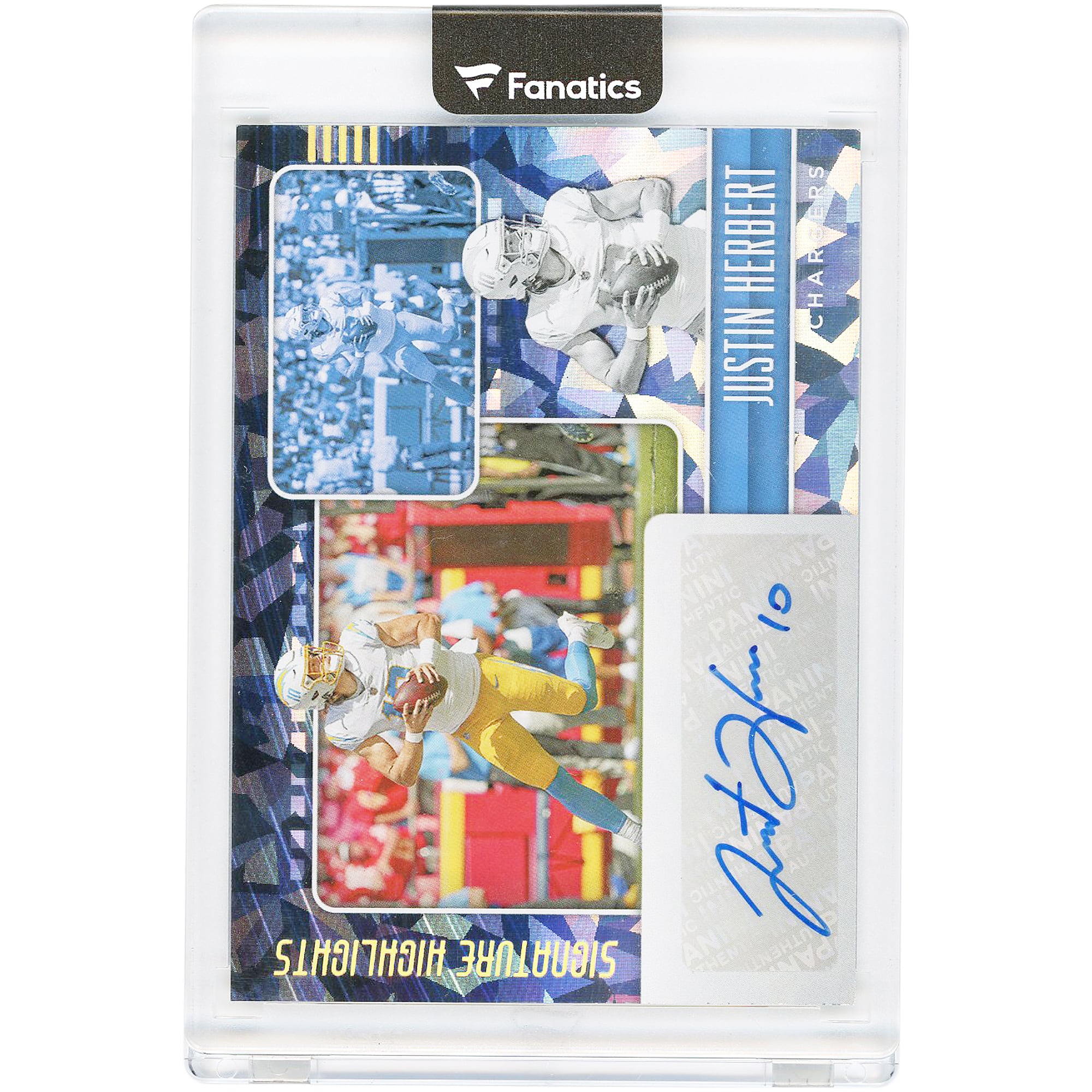 Tarjeta autografiada de Justin Herbert de Los Angeles Chargers, edición 2022, Panini Donruss Highlights Cracked Ice #SH52