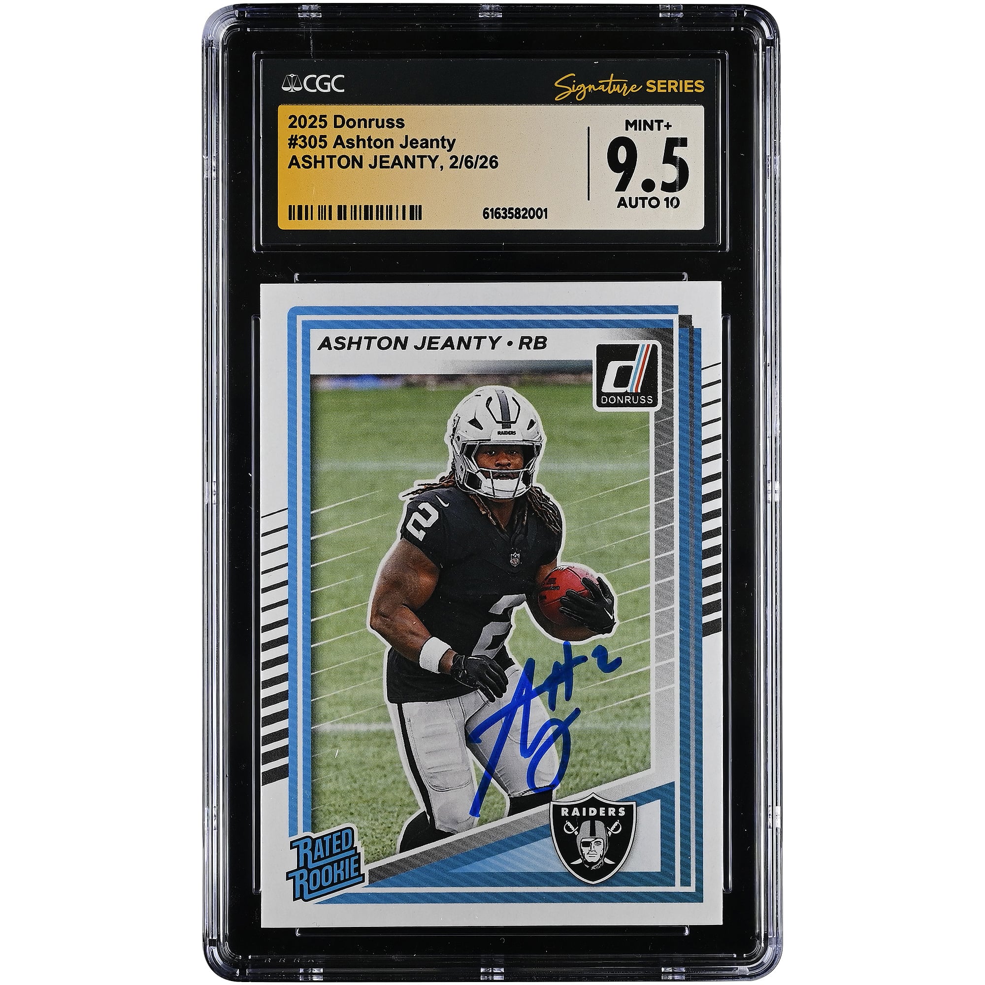 Carta da collezione autografata di Ashton Jeanty dei Las Vegas Raiders, edizione 2025 Panini Donruss Rated Rookie #305, autenticata da CGC, con valutazione 9.5/10.