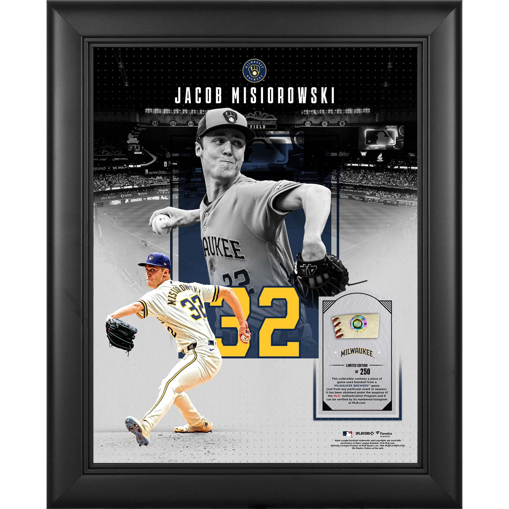 Jacob Misiorowski, Milwaukee Brewers - Collage incorniciato 11" x 14" con un pezzo di palla usata in partita - Edizione limitata di 250