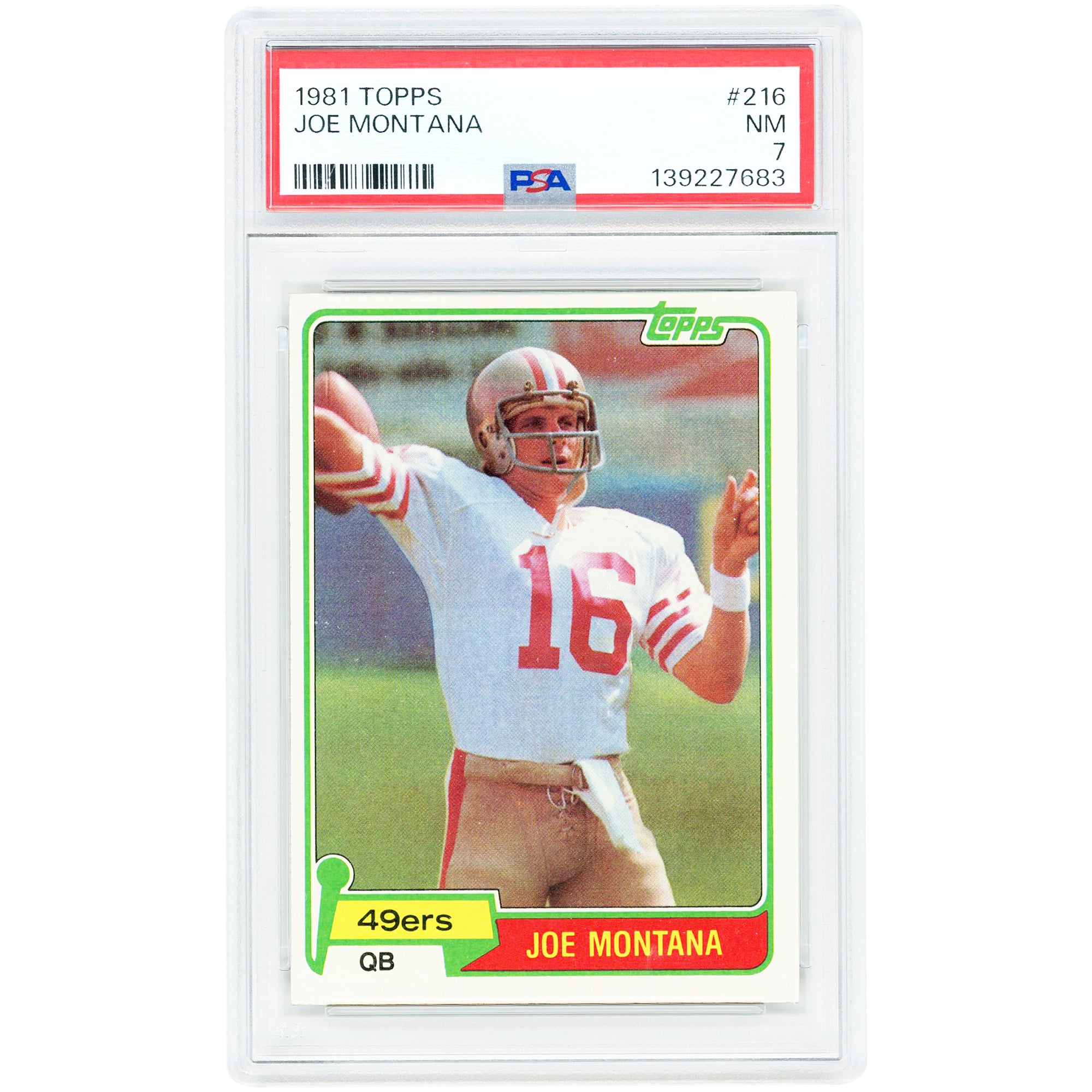 Tarjeta de novato de Joe Montana, San Francisco 49ers, 1981, Topps #216, autenticada por PSA, 7.