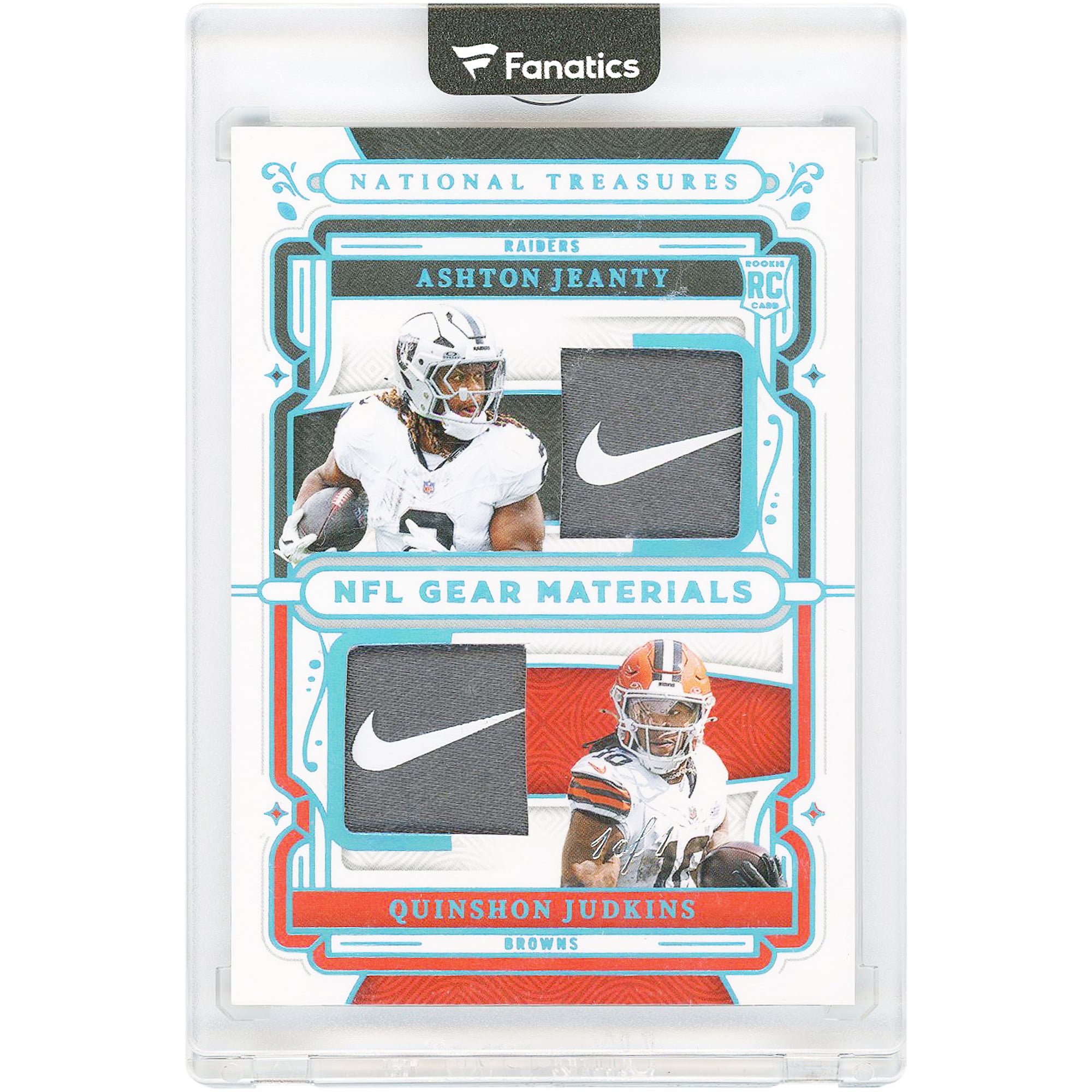 Ashton Jeanty e Quinshon Judkins 2025 Panini National Treasures Dual Nike Swoosh Relic #RGCM-JJ #1/1 Rookie Card