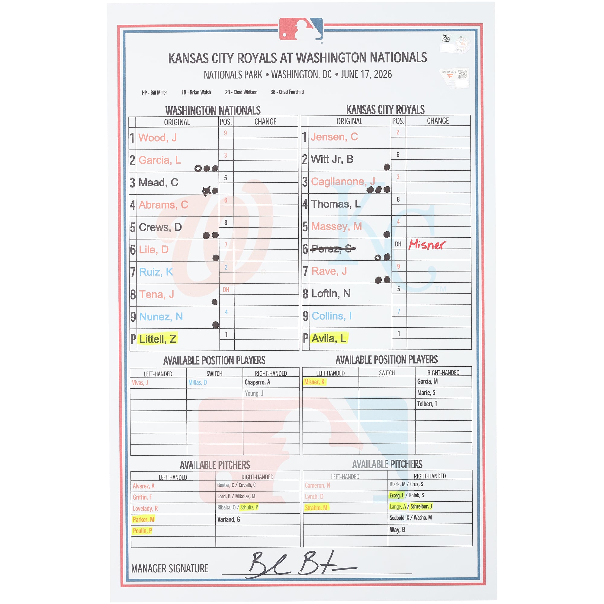 Formazione utilizzata dai Washington Nationals nella partita contro i Kansas City Royals del 17 giugno 2026.