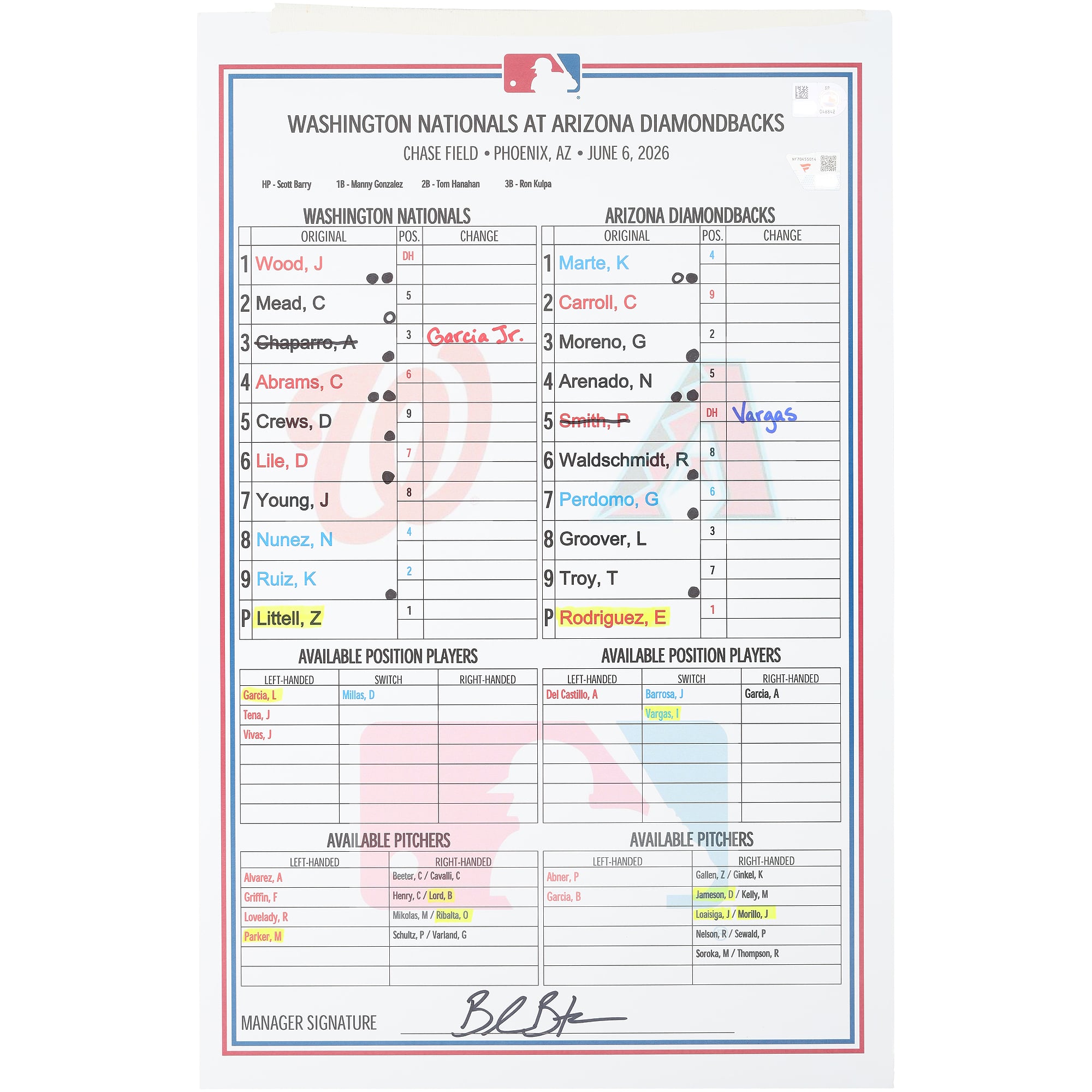 Formazione utilizzata dai Washington Nationals nella partita contro gli Arizona Diamondbacks del 6 giugno 2026.