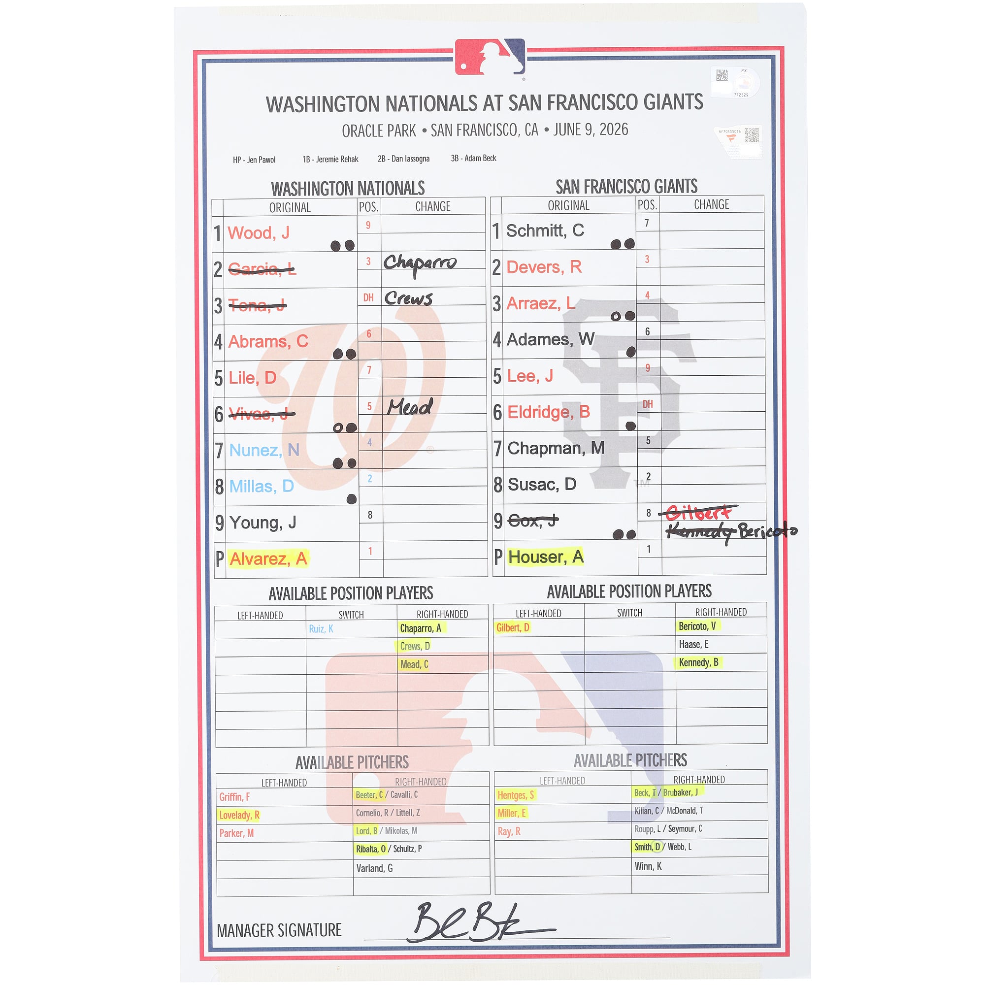Formazione utilizzata dai Washington Nationals nella partita contro i San Francisco Giants del 9 giugno 2026.
