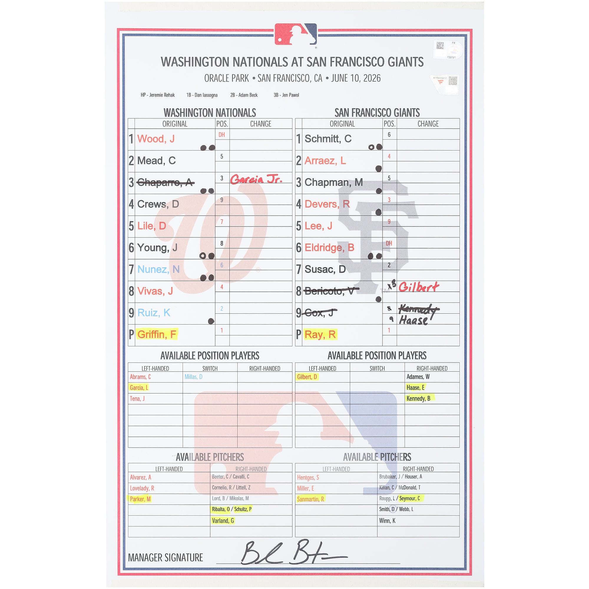 Formazione utilizzata dai Washington Nationals nella partita contro i San Francisco Giants del 10 giugno 2026.