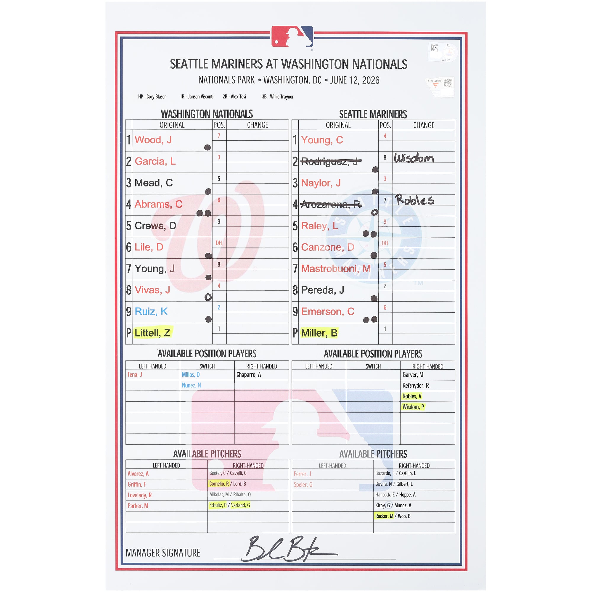 Formazione utilizzata dai Washington Nationals nella partita contro i Seattle Mariners del 12 giugno 2026.