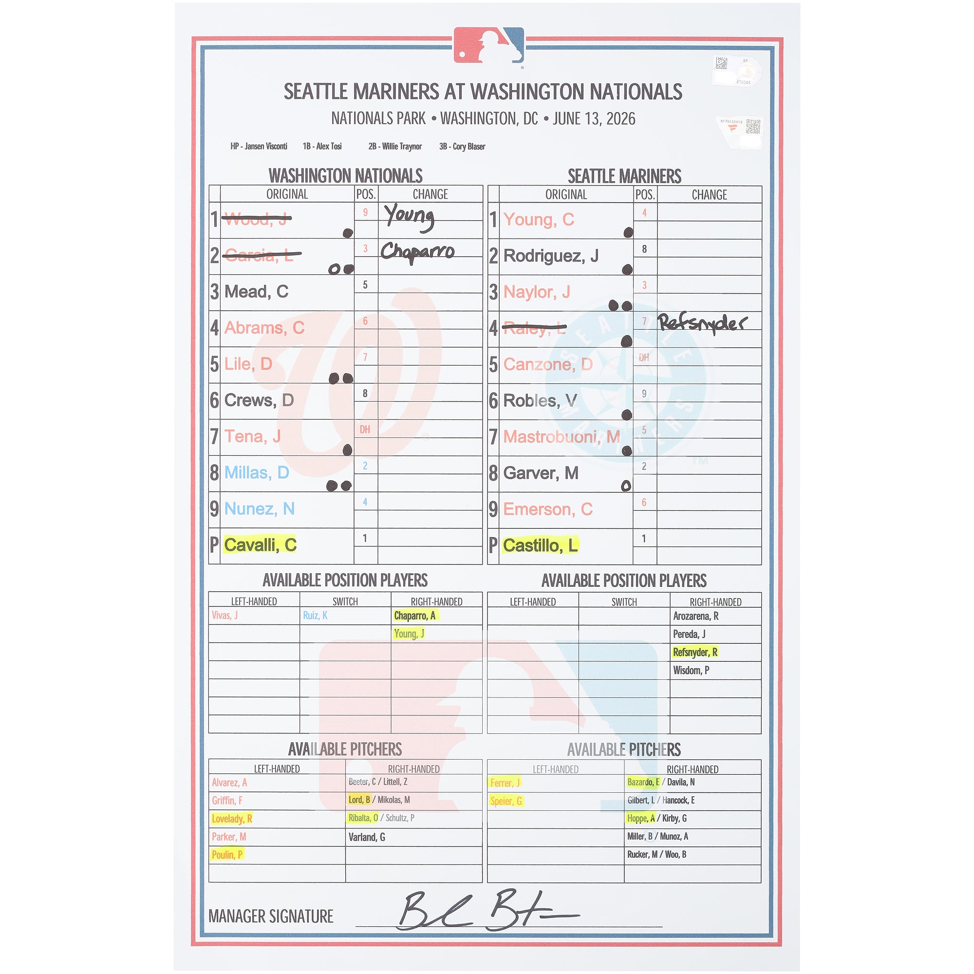 Formazione utilizzata dai Washington Nationals nella partita contro i Seattle Mariners del 13 giugno 2026.
