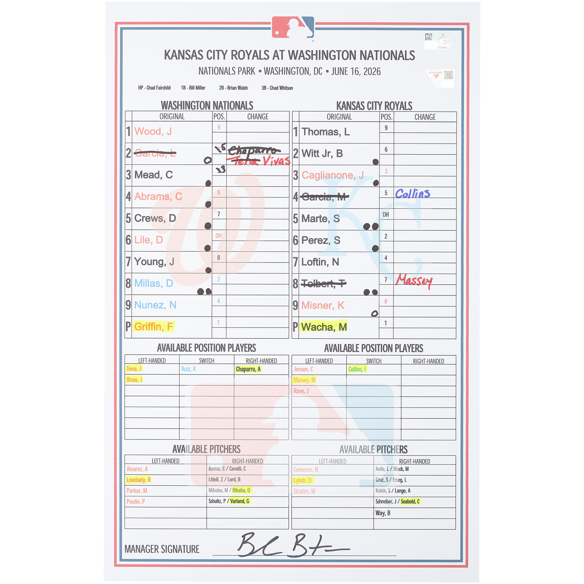 Washington Nationals Game-Used Lineup Card vs. Kansas City Royals on June 16, 2026