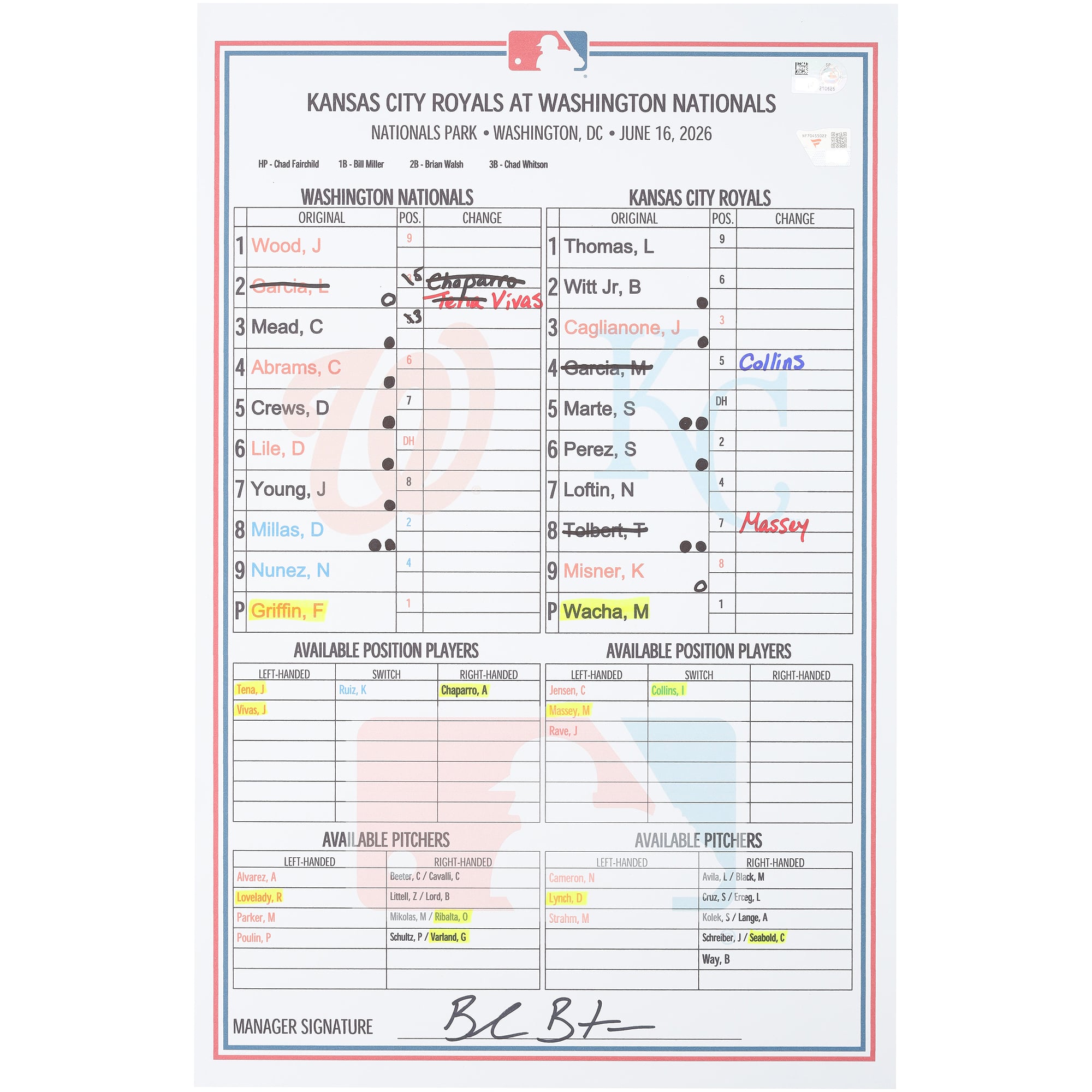 Formazione utilizzata dai Washington Nationals nella partita contro i Kansas City Royals del 16 giugno 2026.