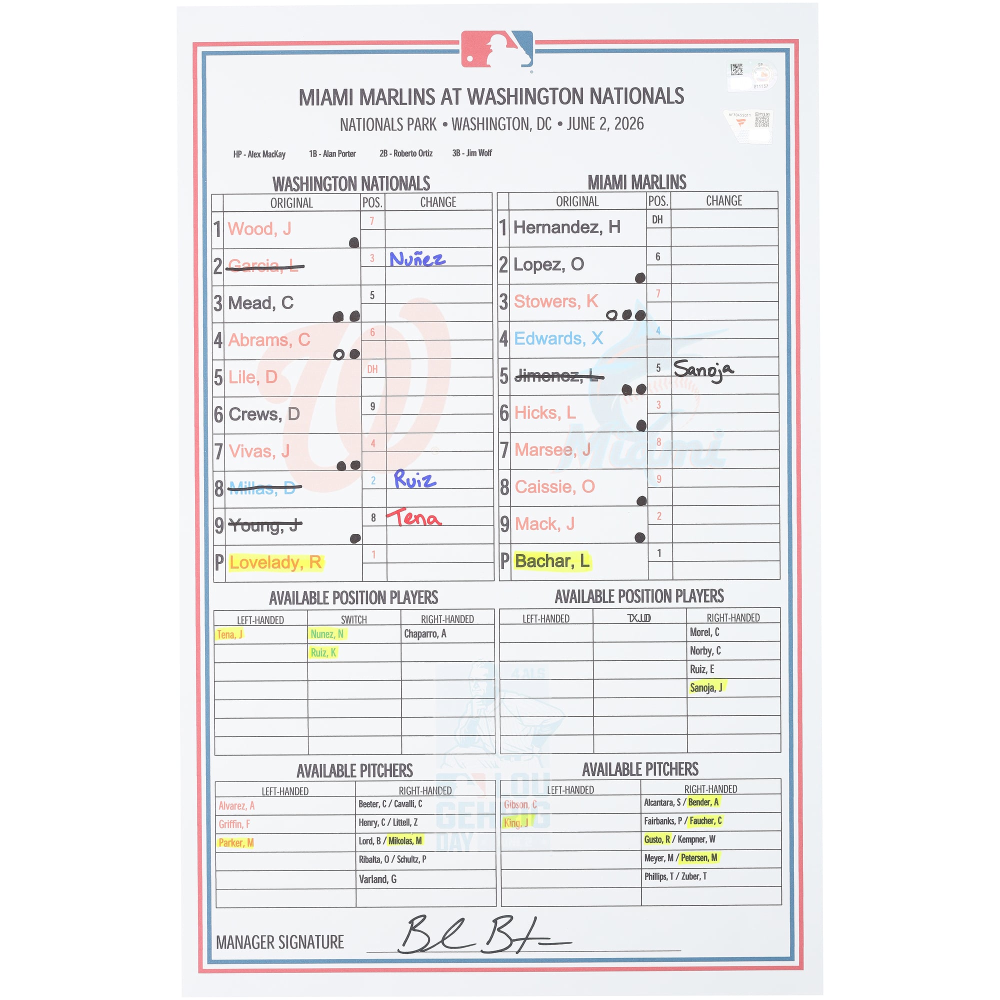 Formazione utilizzata dai Washington Nationals nella partita contro i Miami Marlins del 2 giugno 2026.