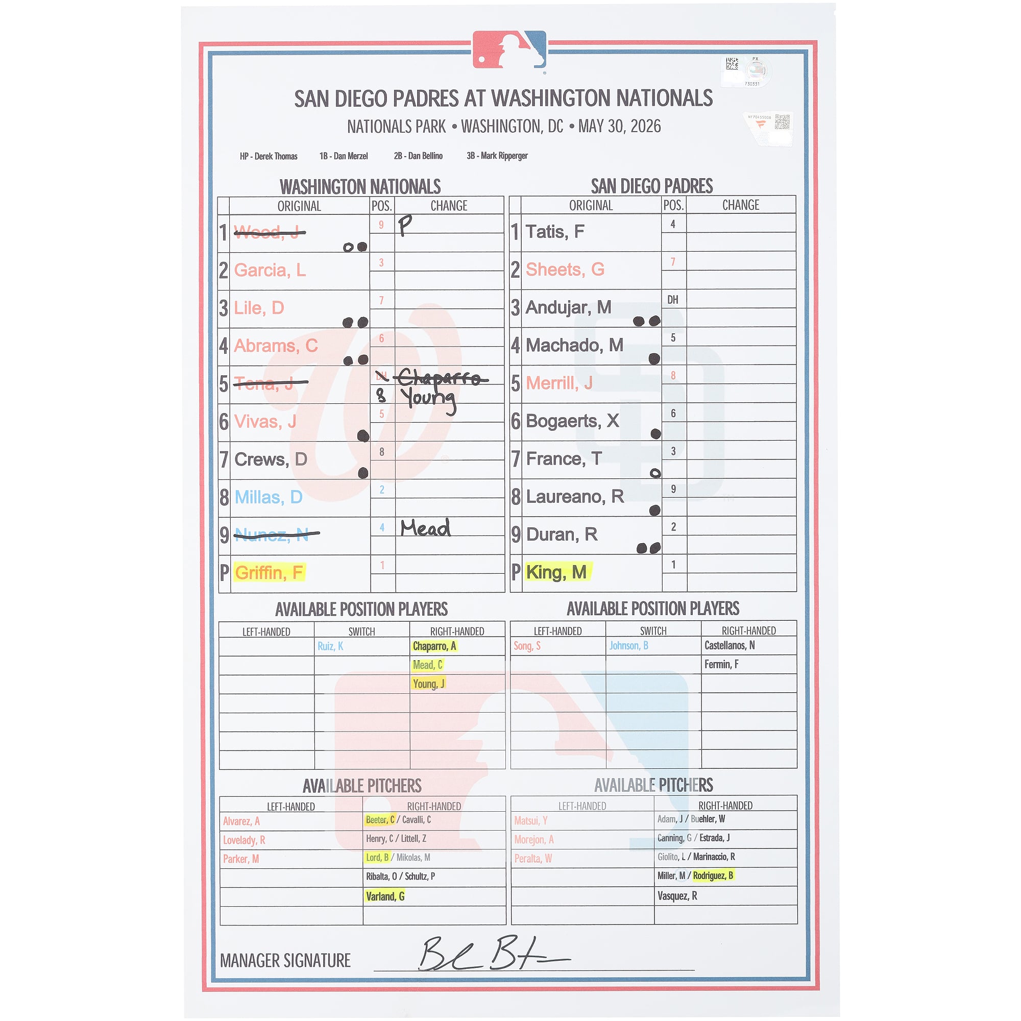 Formazione utilizzata dai Washington Nationals nella partita contro i San Diego Padres del 30 maggio 2026.