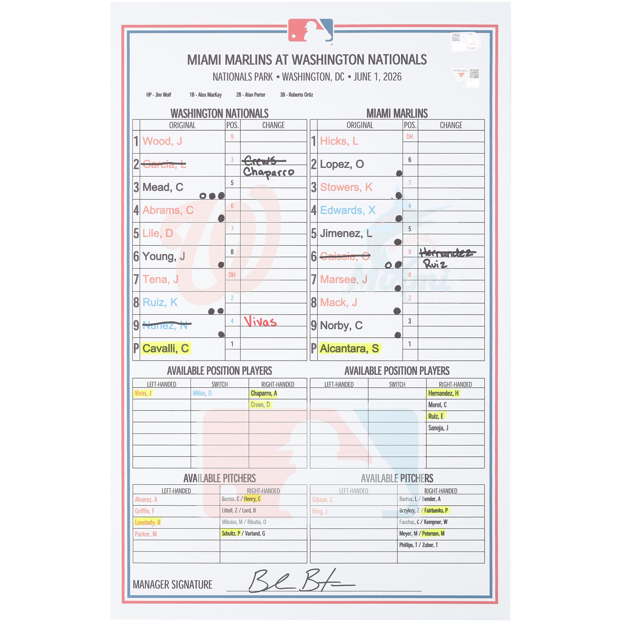 Formazione utilizzata dai Washington Nationals nella partita contro i Miami Marlins del 1° giugno 2026.