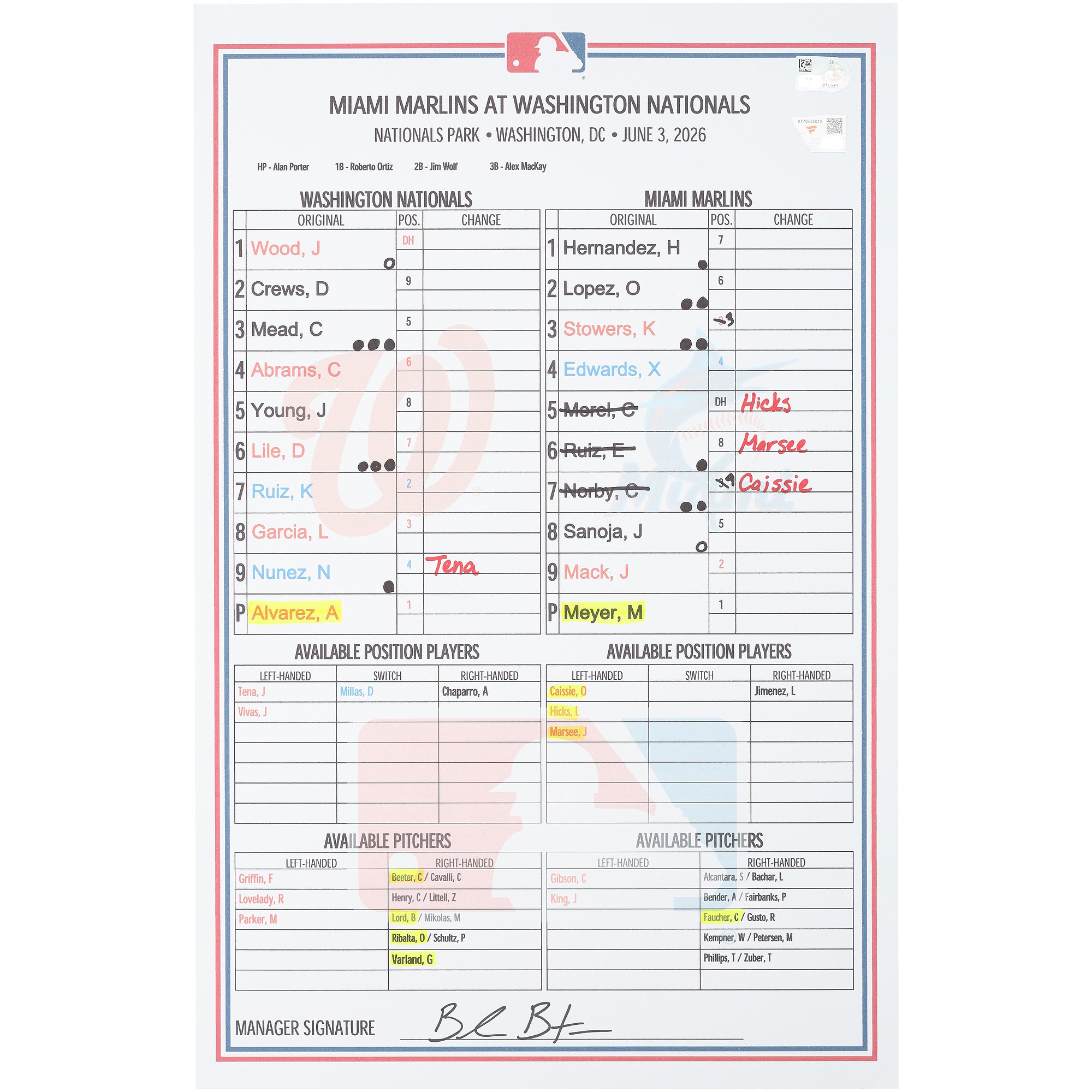 Formazione utilizzata dai Washington Nationals nella partita contro i Miami Marlins del 3 giugno 2026.