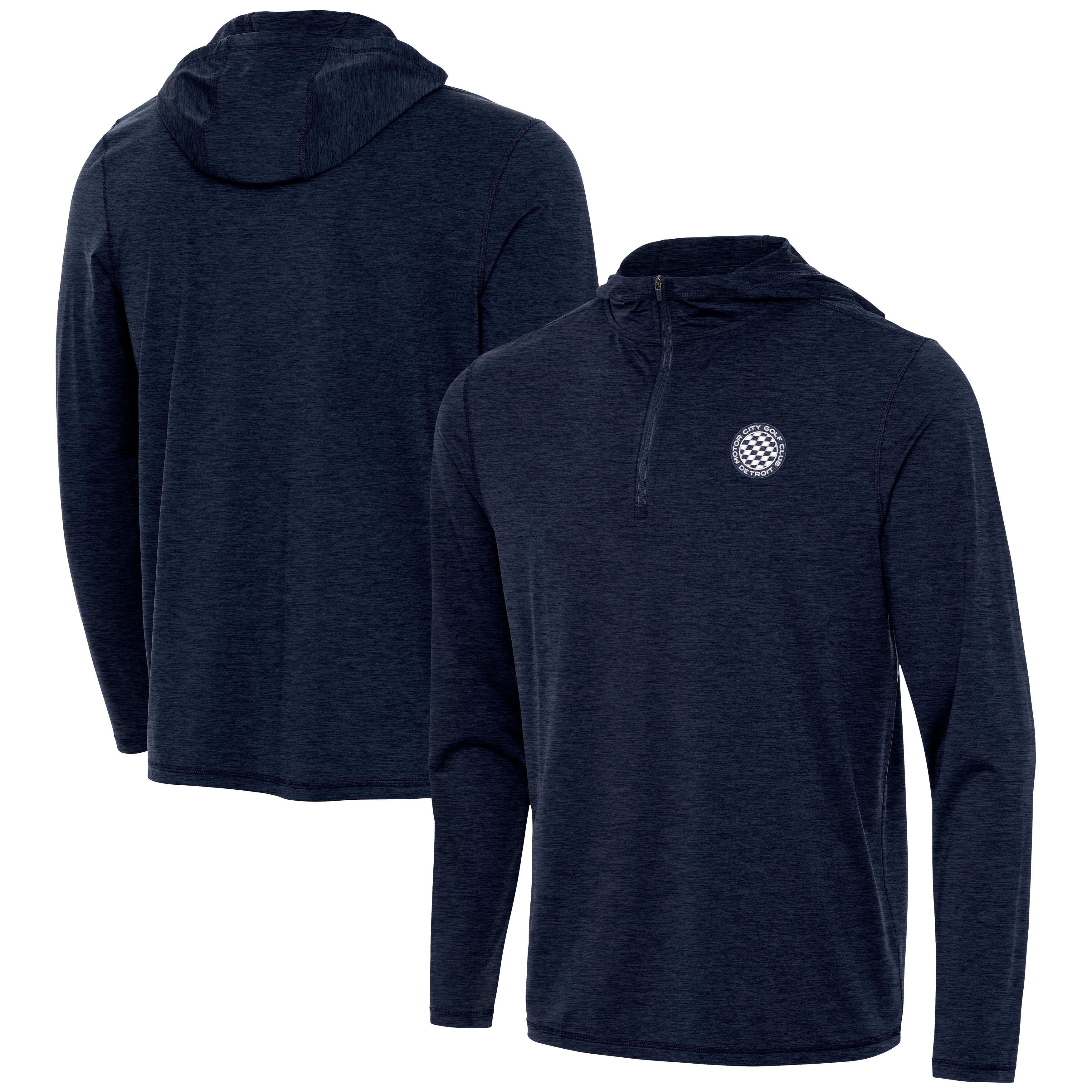 Men’s Antigua Heather Navy Motor City Golf Club Tidy Quarter-Zip Hoodie Men’s Antigua Heather Navy Motor City Golf Club Tidy Quarter-Zip Hoodie