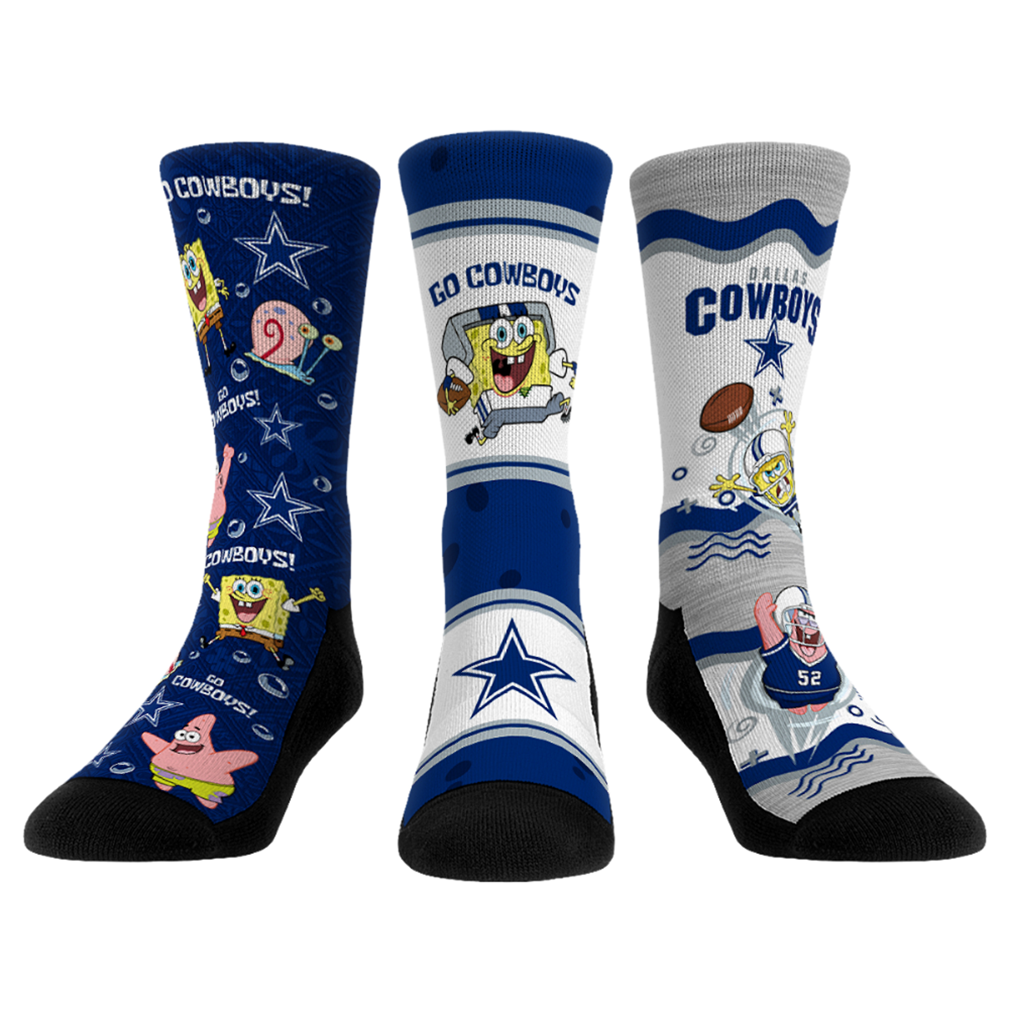Unisex Rock Em  Royal Dallas Cowboys Spongebob SquarePants Three-Pack Crew Socks Set