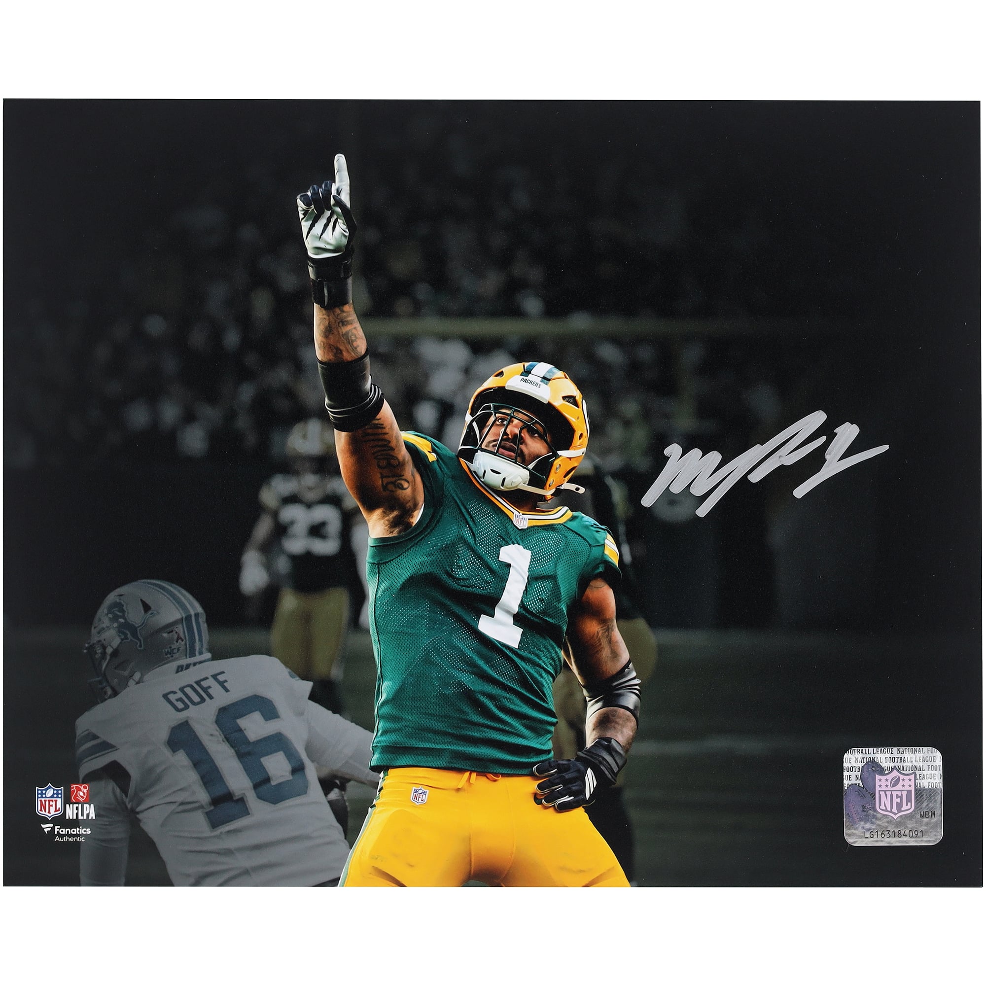 Foto autografata di Micah Parsons dei Green Bay Packers, formato 8" x 10", che ritrae il suo primo sack nella partita Packers vs. Detroit Lions.