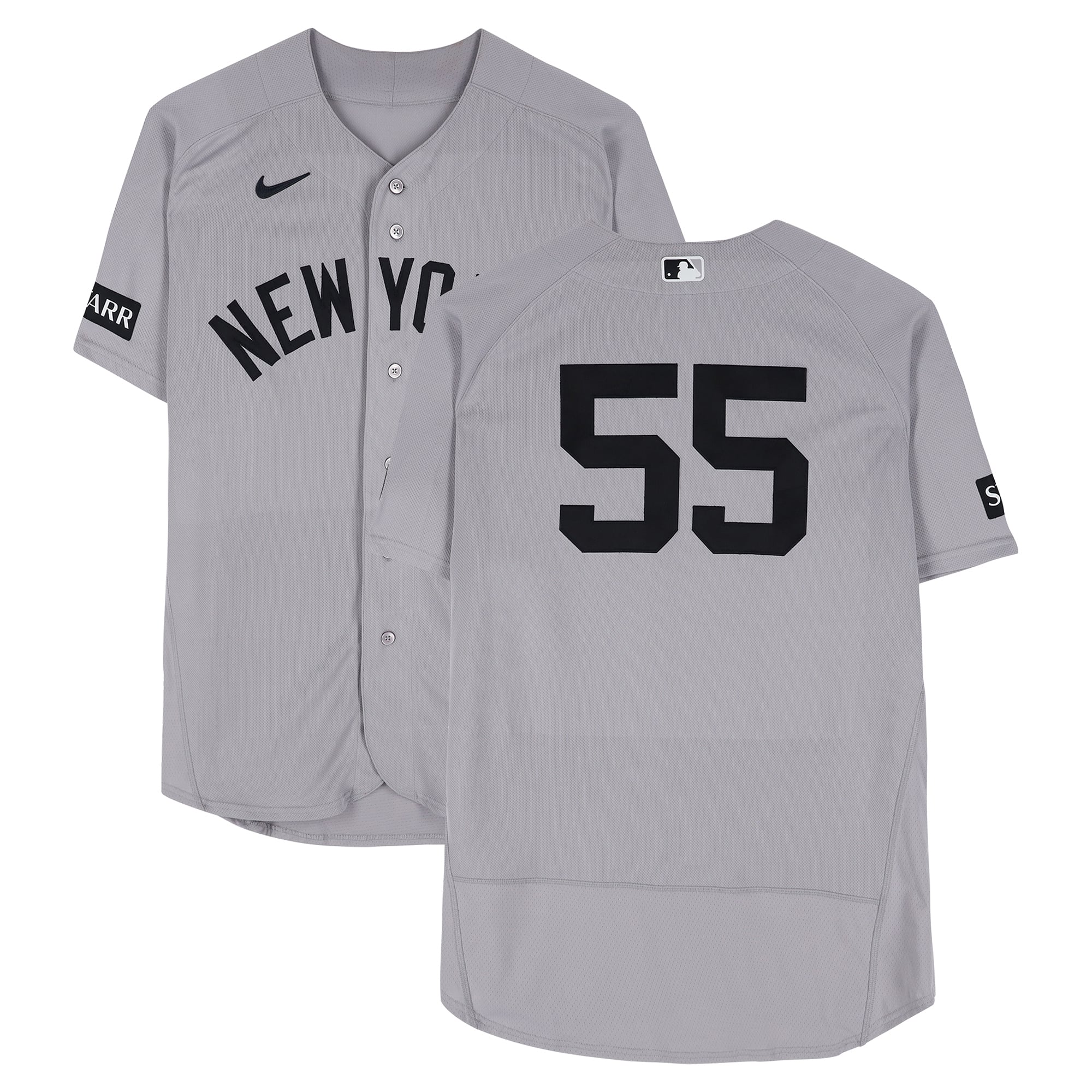 Maglia grigia Nike numero 55 indossata da Carlos Rodón dei New York Yankees contro i Cleveland Guardians il 10 giugno 2026.