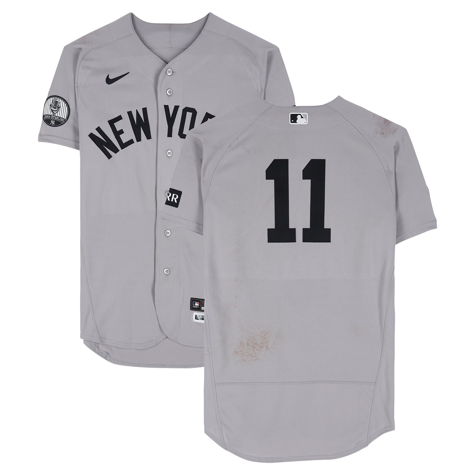 Maglia grigia Nike numero 11 indossata da Anthony Volpe dei New York Yankees contro i Toronto Blue Jays il 14 giugno 2026.