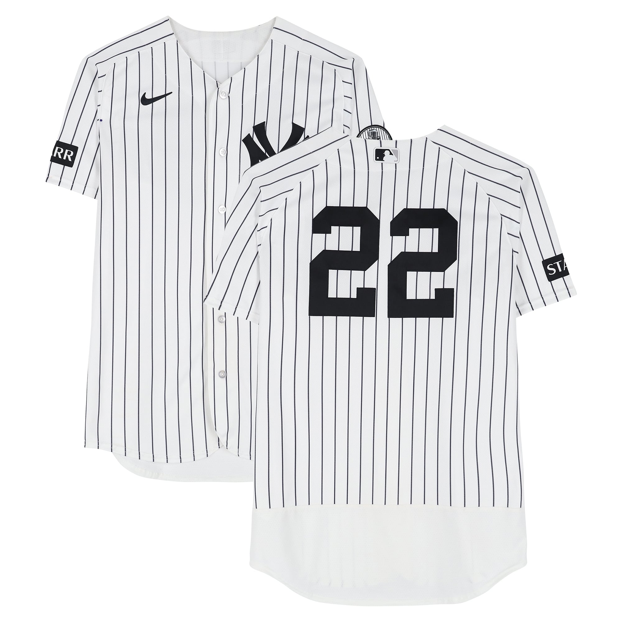 Maglia a righe bianche Nike numero 22 di Ben Rice dei New York Yankees usata in partita contro i Cincinnati Reds il 19 giugno 2026 - 2-4, HR, 3 RBI, R