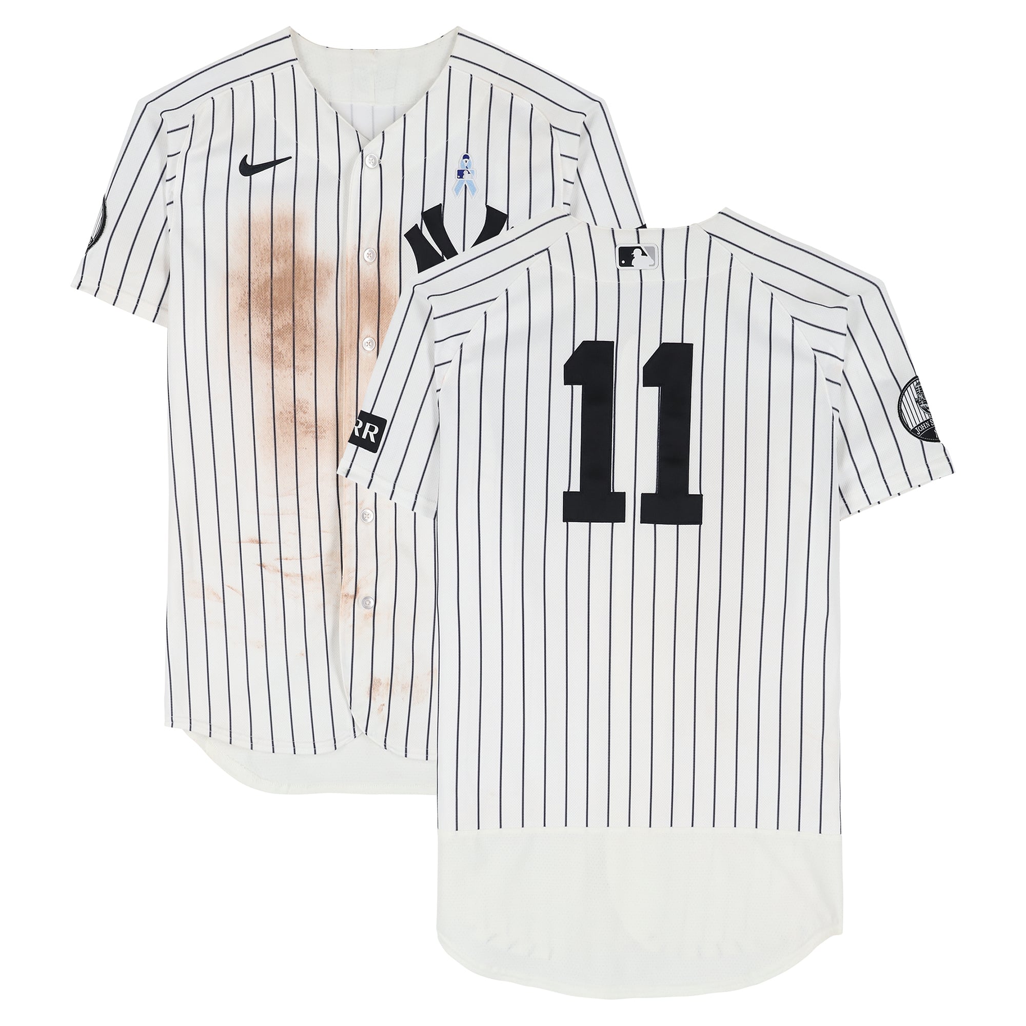 Maglia da gioco numero 11 bianca a righe Nike indossata da Anthony Volpe dei New York Yankees contro i Cincinnati Reds il 21 giugno 2026.