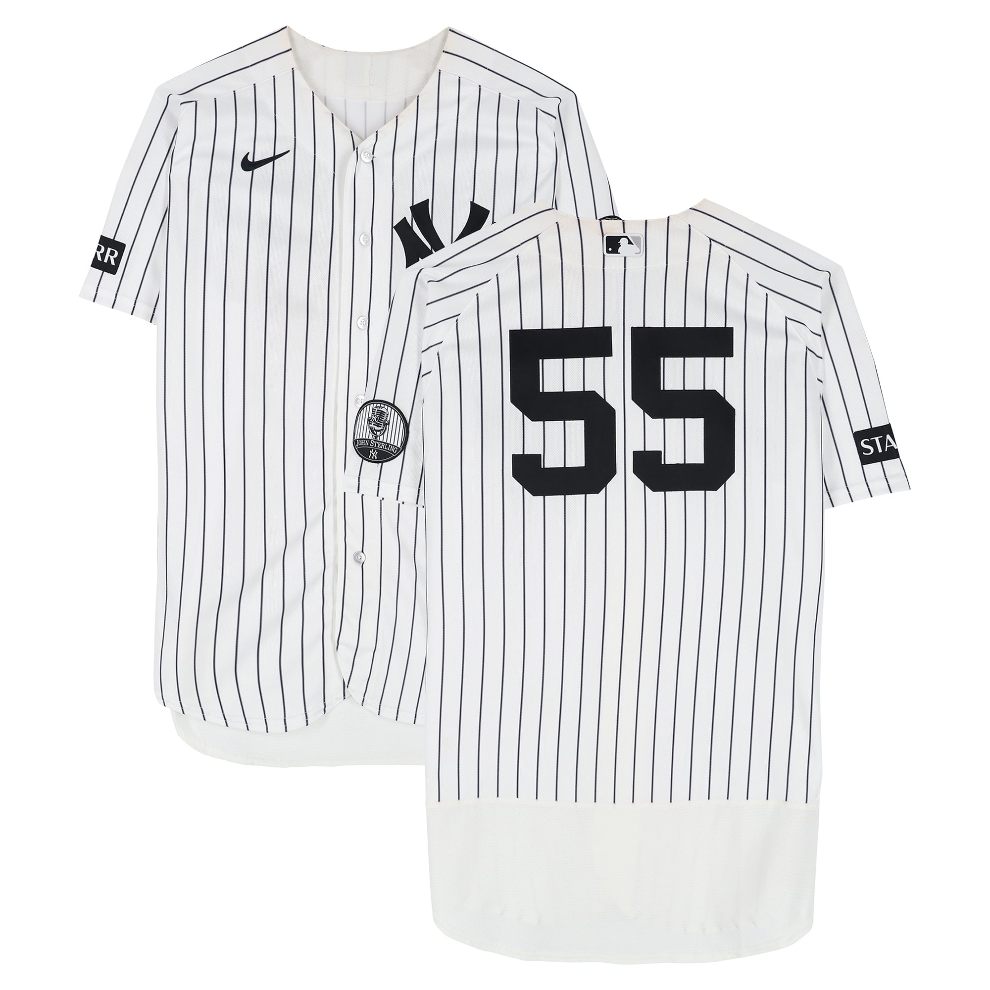 Maglia da gioco bianca a righe Nike numero 55 di Carlos Rodón dei New York Yankees contro i Chicago White Sox il 17 giugno 2026.