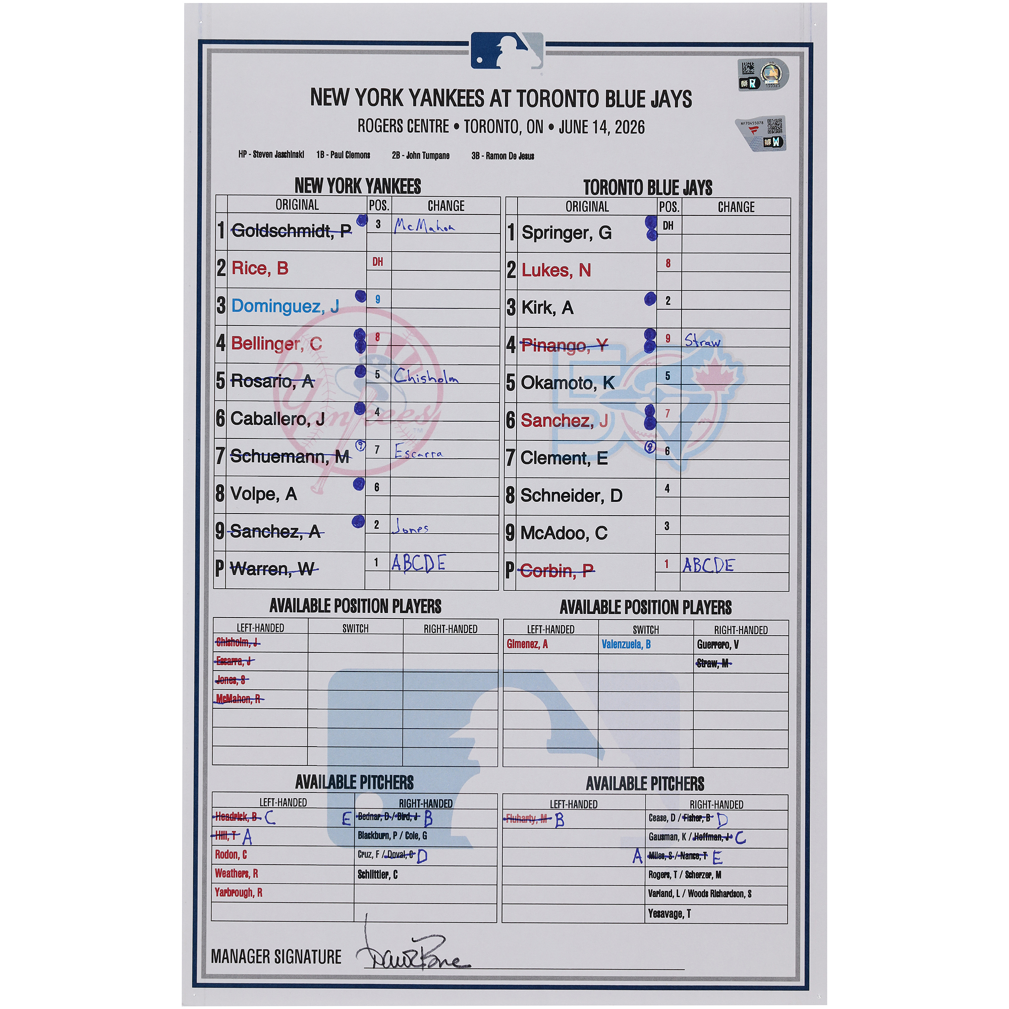New York Yankees Game-Used Lineup Card vs. Toronto Blue Jays on June 14, 2026