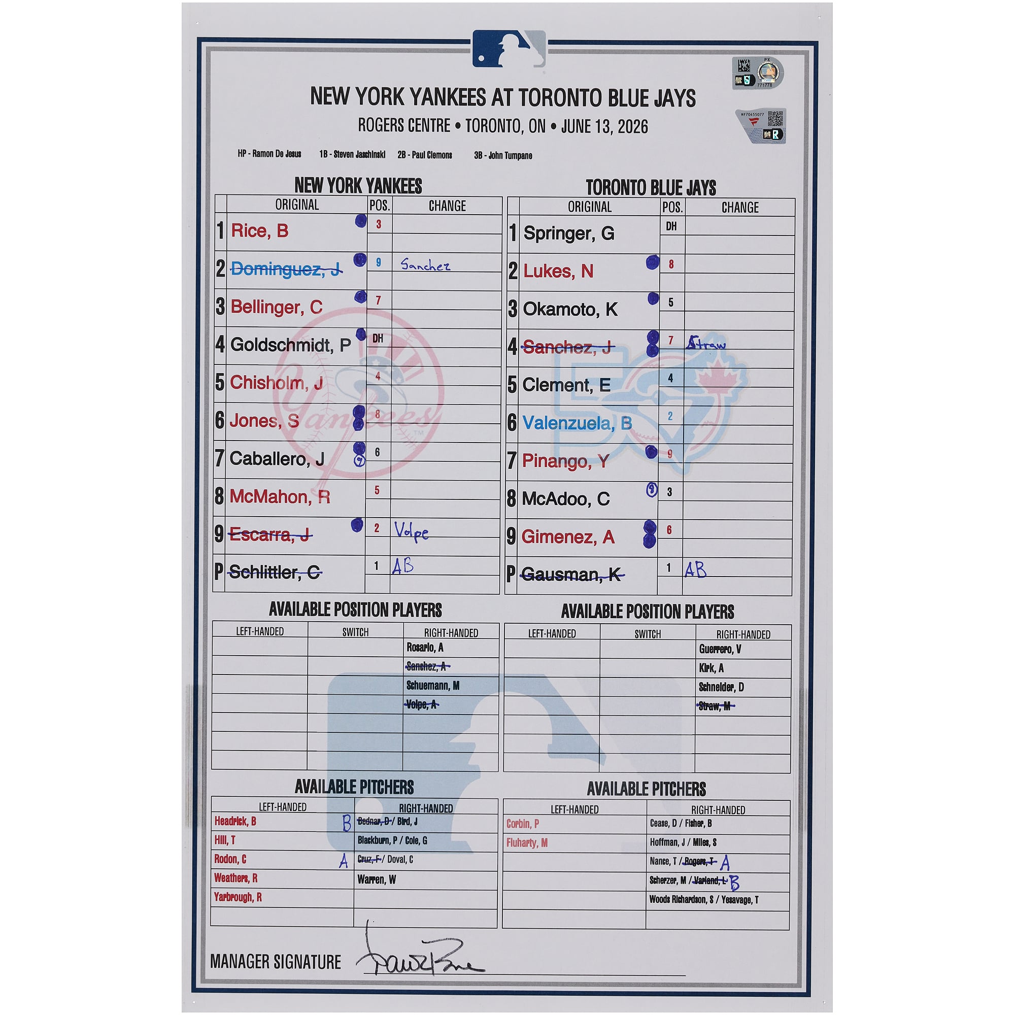 Formazione utilizzata dai New York Yankees nella partita contro i Toronto Blue Jays del 13 giugno 2026.