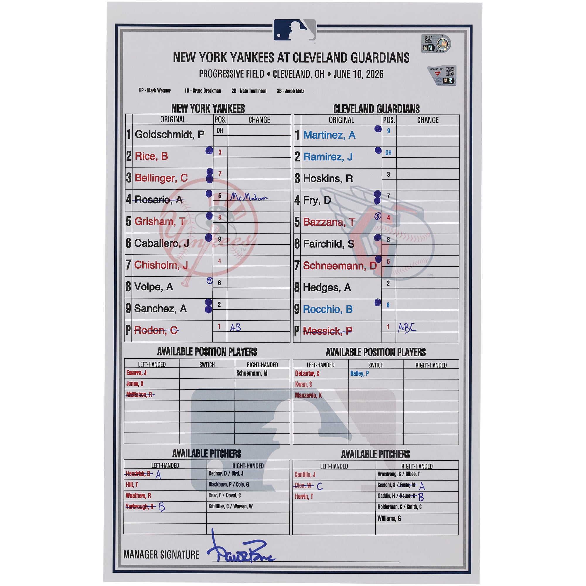 Formazione utilizzata dai New York Yankees nella partita contro i Cleveland Guardians del 10 giugno 2026.