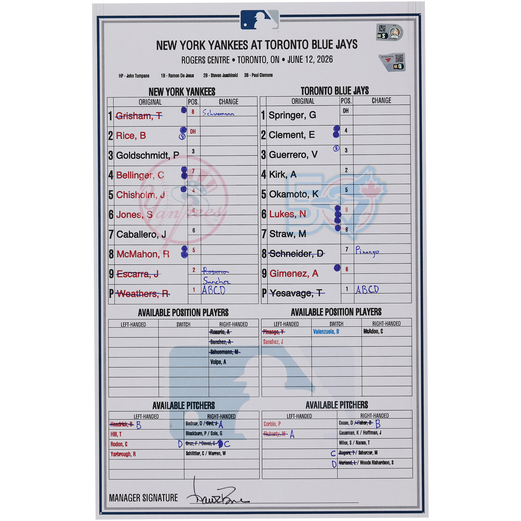 New York Yankees Game-Used Lineup Card vs. Toronto Blue Jays on June 12, 2026