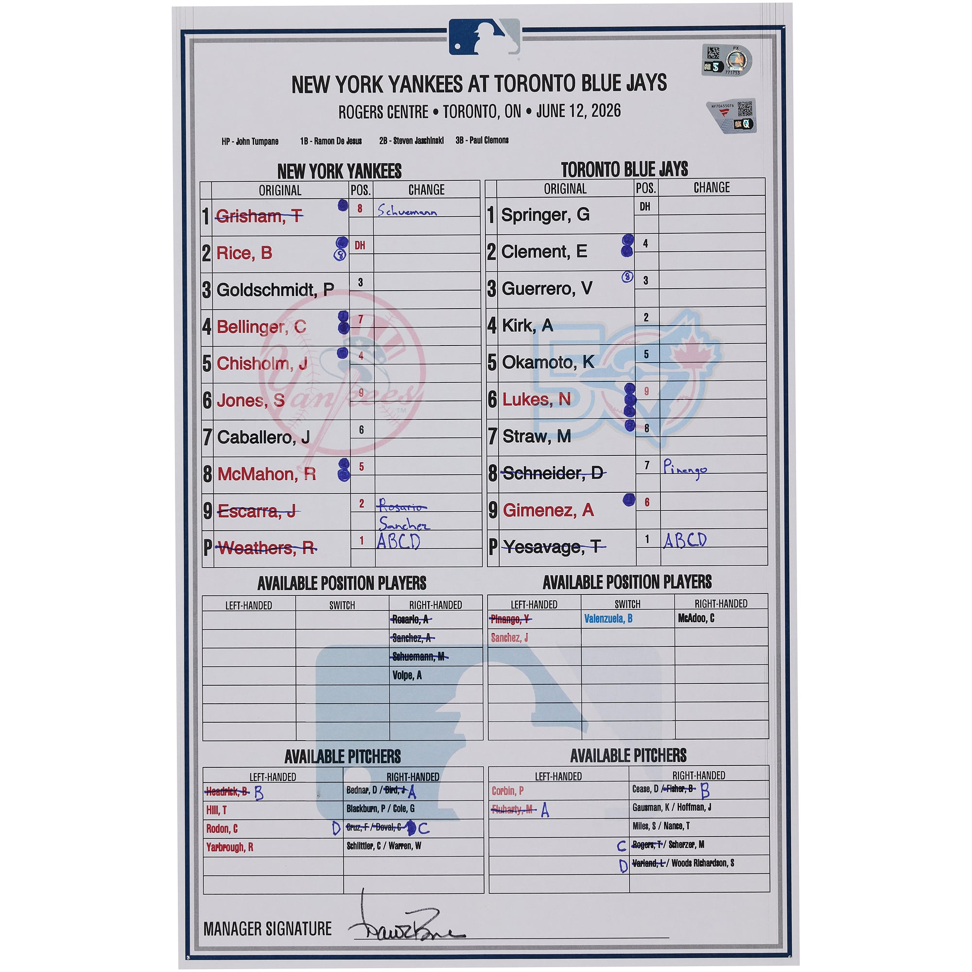 Alineación usada en el partido de los New York Yankees contra los Toronto Blue Jays el 12 de junio de 2026.