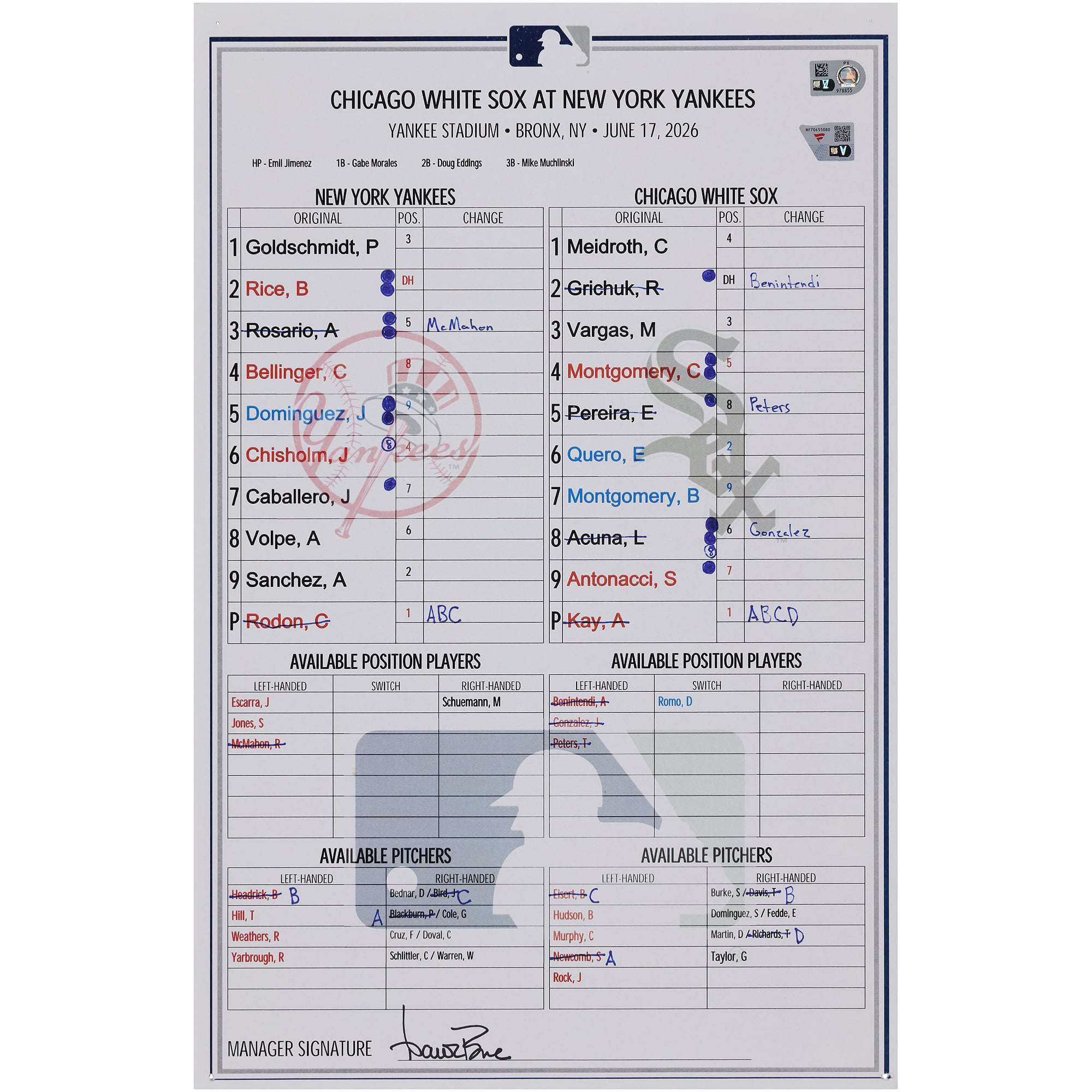 Alineación usada en el partido de los New York Yankees contra los Chicago White Sox el 17 de junio de 2026.