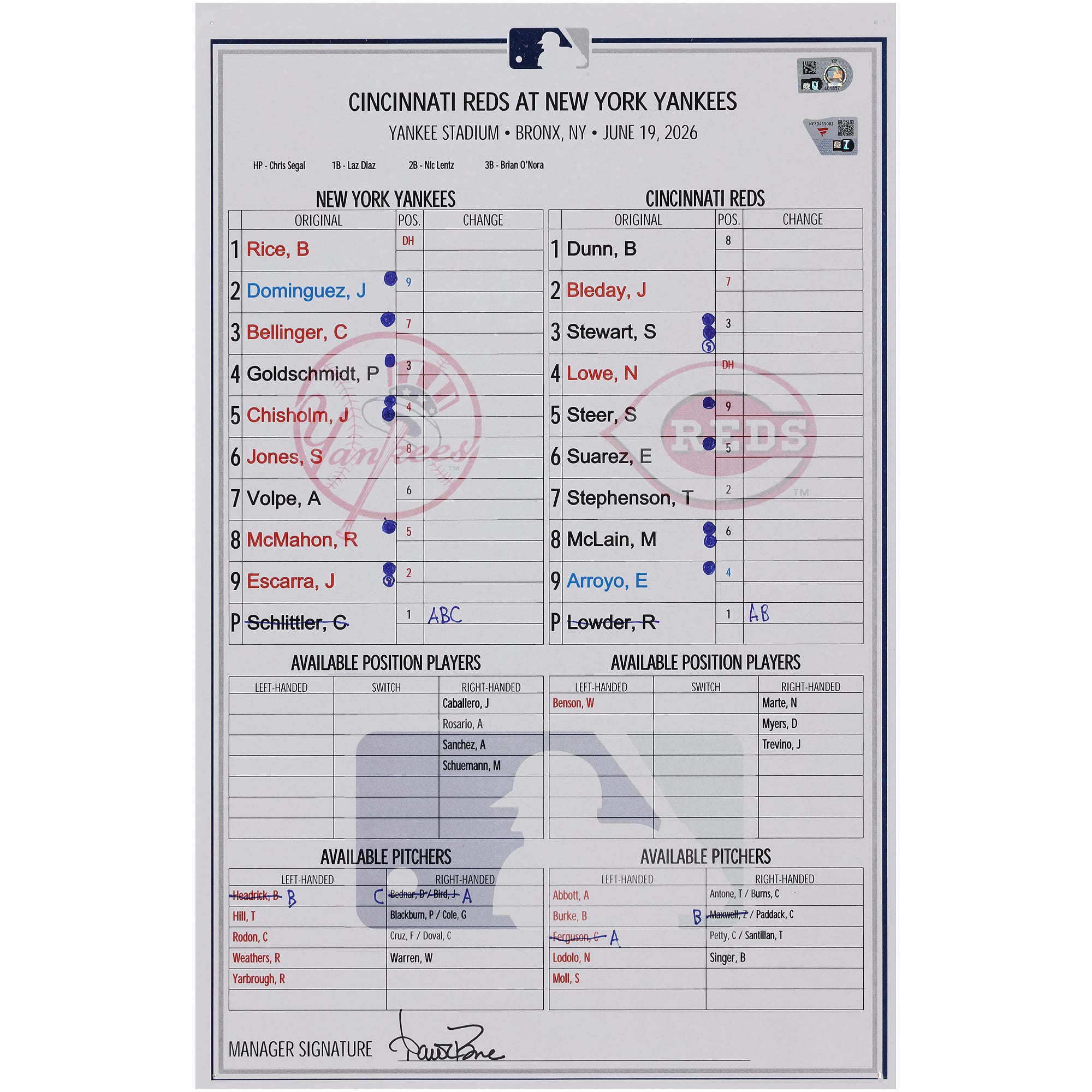 Formazione utilizzata dai New York Yankees nella partita contro i Cincinnati Reds del 19 giugno 2026.
