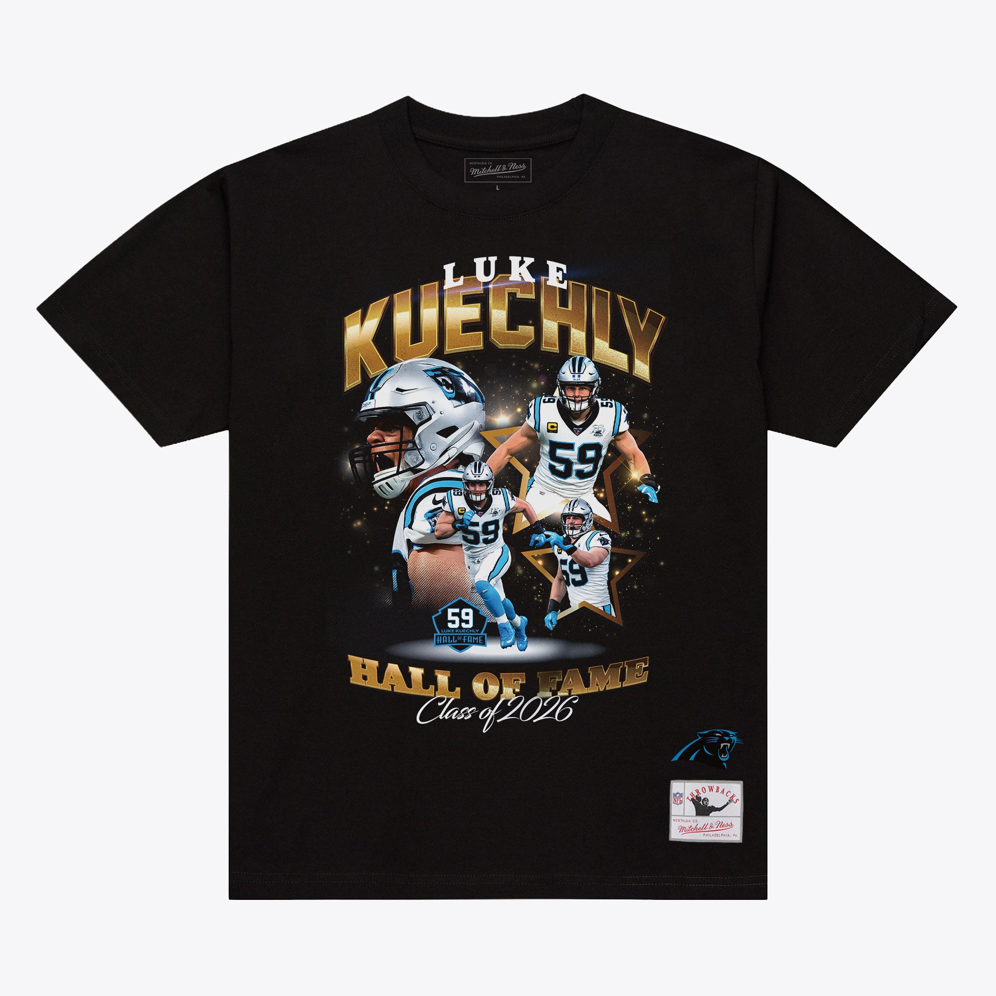Unisex Mitchell & Ness Luke Kuechly Black Carolina Panthers Pro Football Hall of Fame Class of 2026 Collage T-Shirt