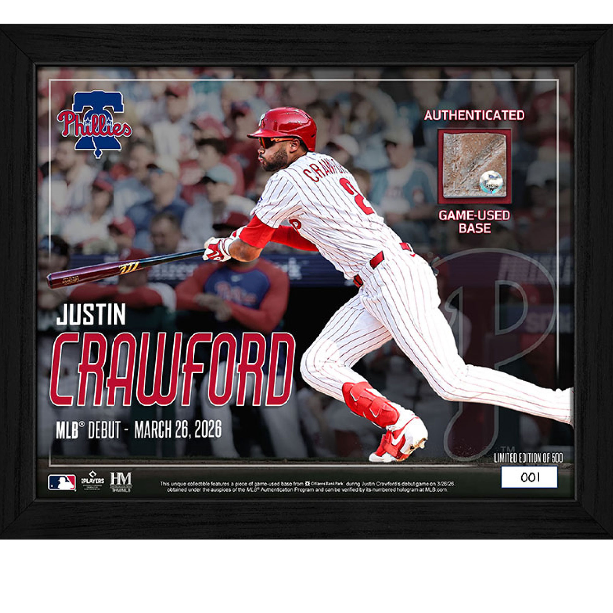 Justin Crawford Philadelphia Phillies Framed 9" x 11" MLB Debut Photograph with a Piece of Game-Used Base - Limited Edition of 500