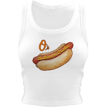 Women's Tiny Turnip White Baltimore Orioles Hot Dog Crop Tank Top